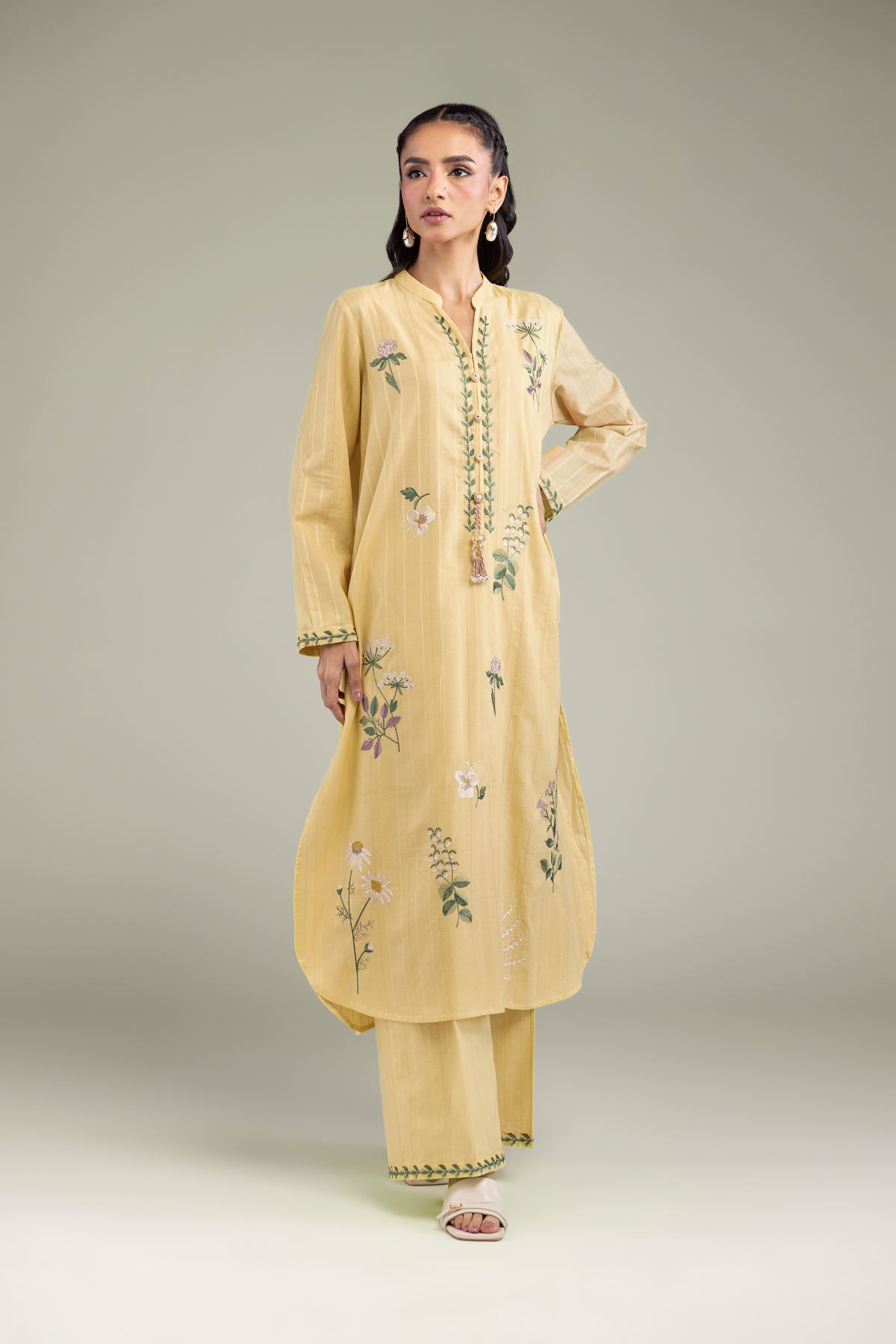 Embroidered Textured Cotton Cotton Longline Kurta - 1-26-206-A-F1-VG