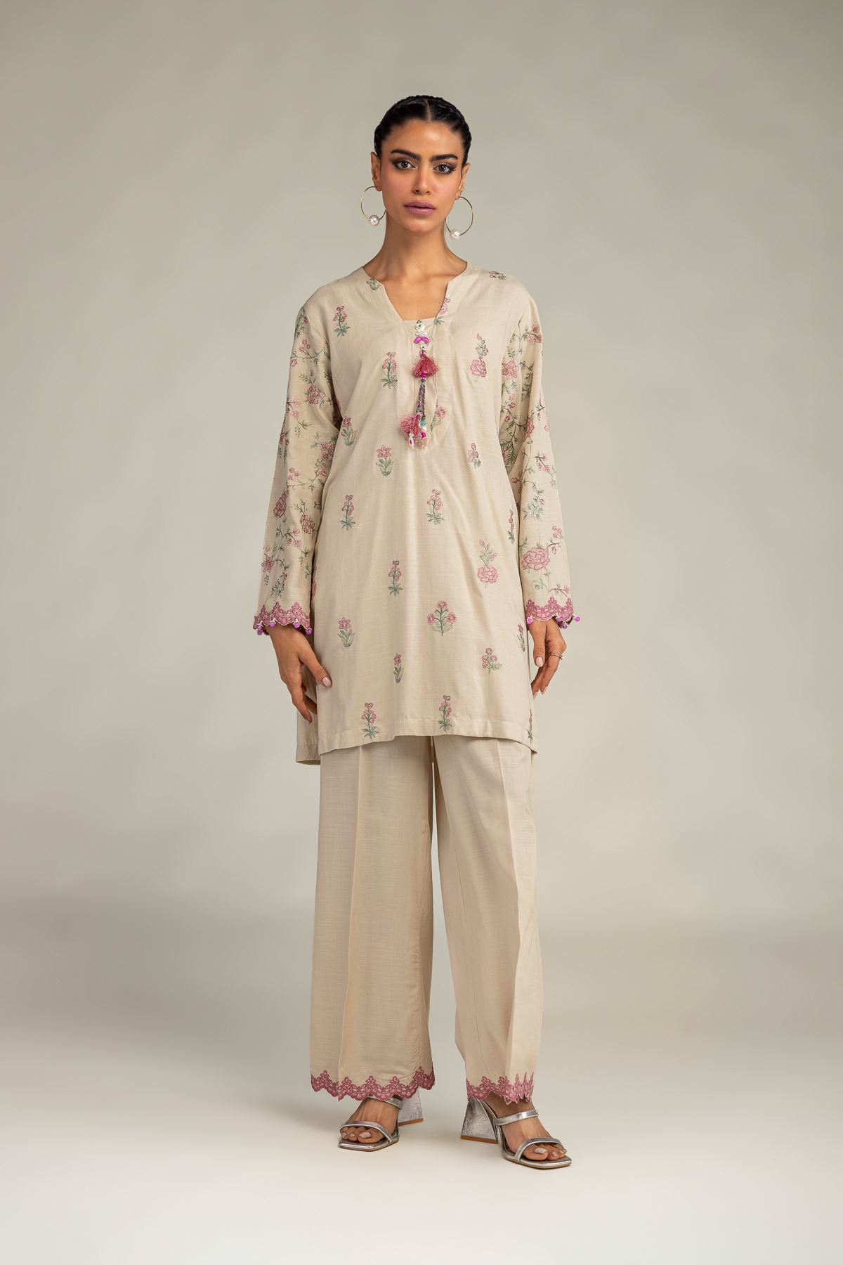 Embroidered Raw Silk Floral Beige Kurta - 1-26-322-B-A1-VG