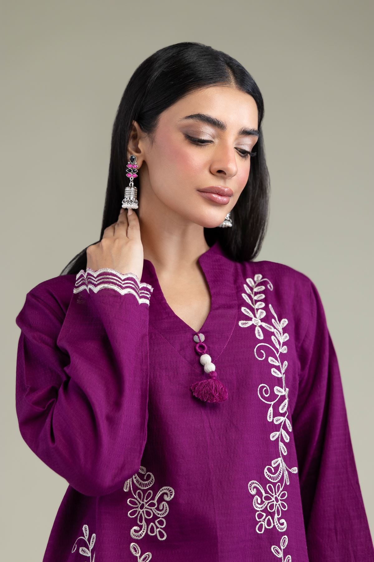 Embroidered Cotton Dobby Floral Longline Kurta - 1-26-247-B-E1-VG