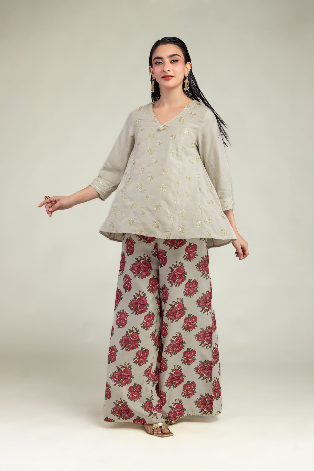 Embroidered Raw Silk Beige V-Neck Kurta - 2-26-201-A-A-VG