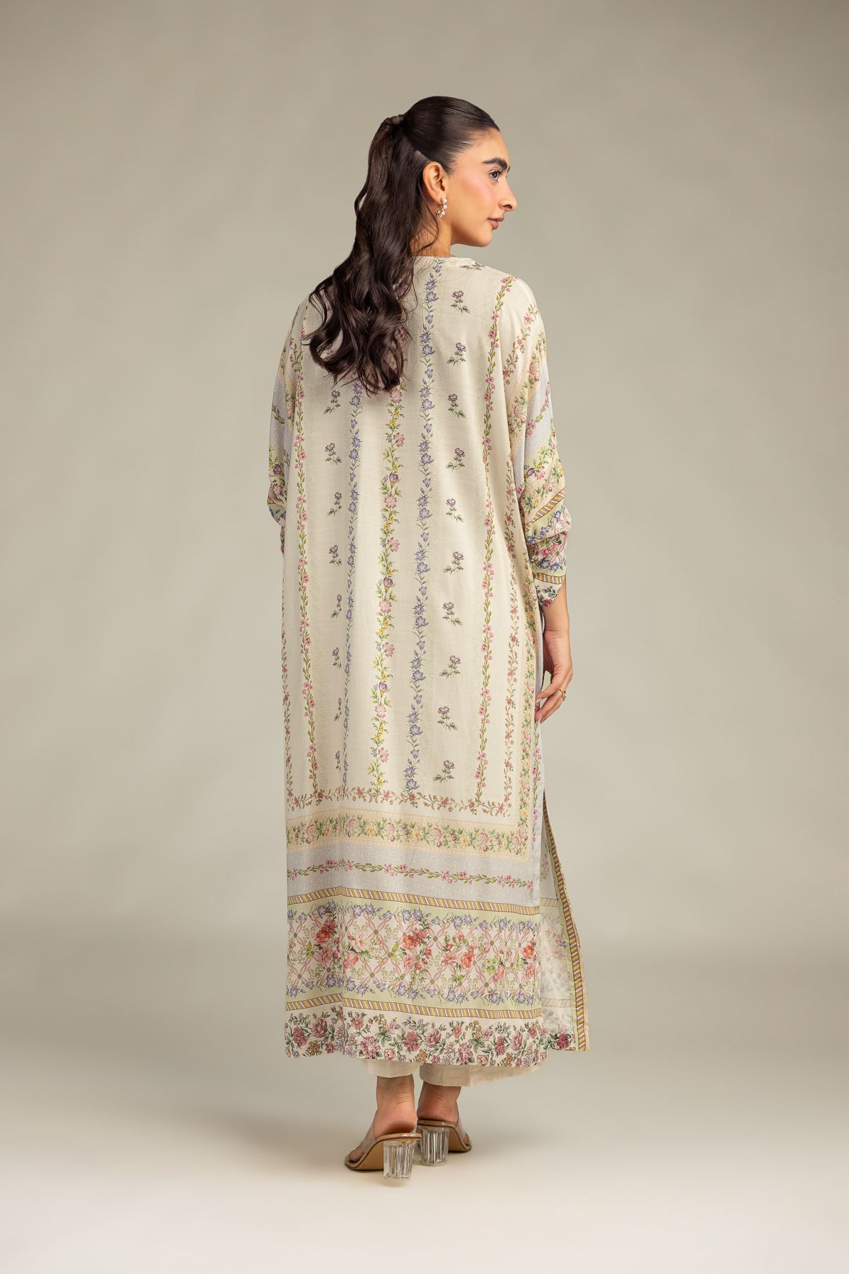 Printed Raw Silk Floral Longline Kurta - 8-26-303-A-B1-VG