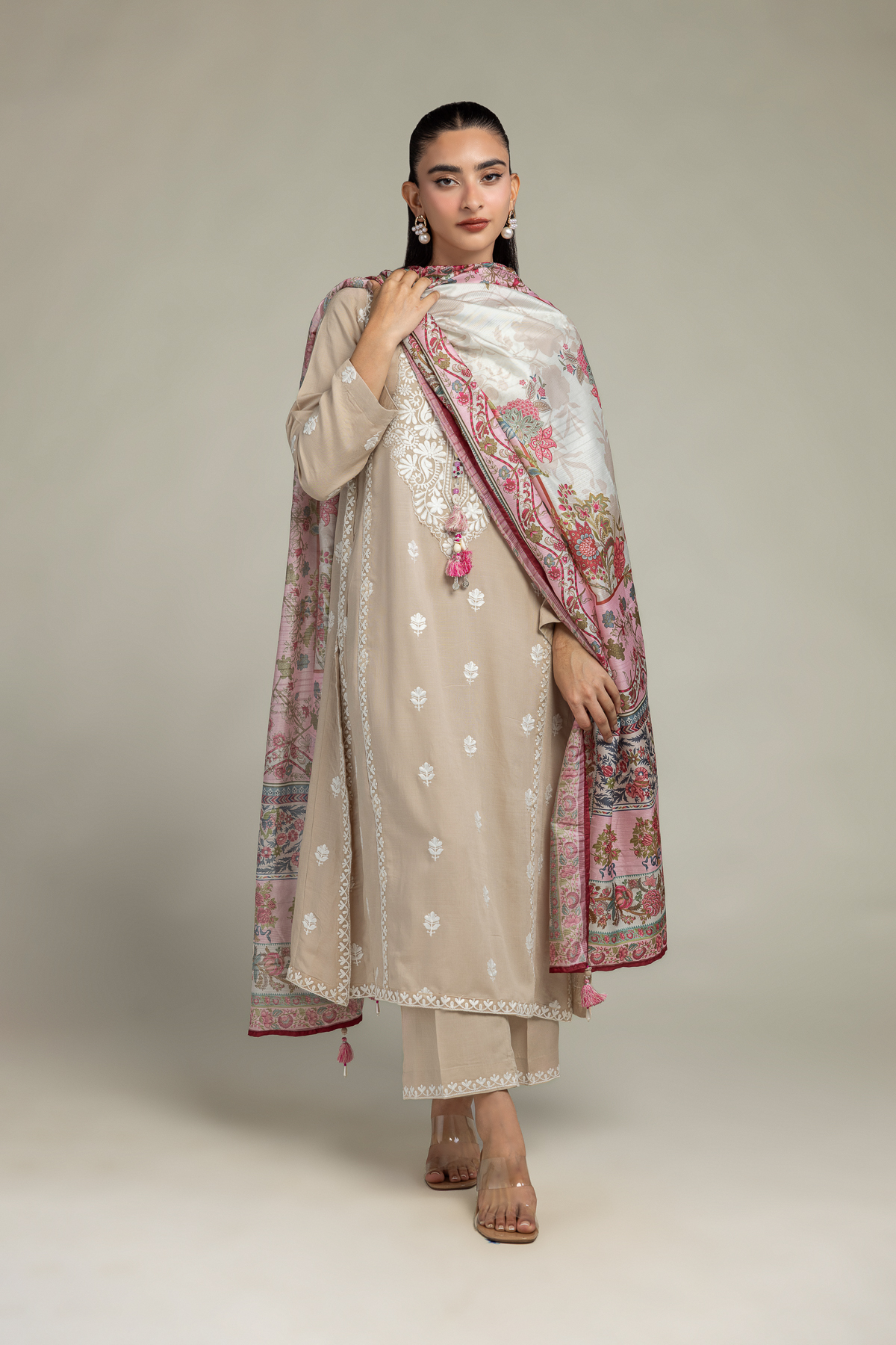 Embroidered Raw Silk Beige Silk Pants - 2-26-303-B-J1-VG