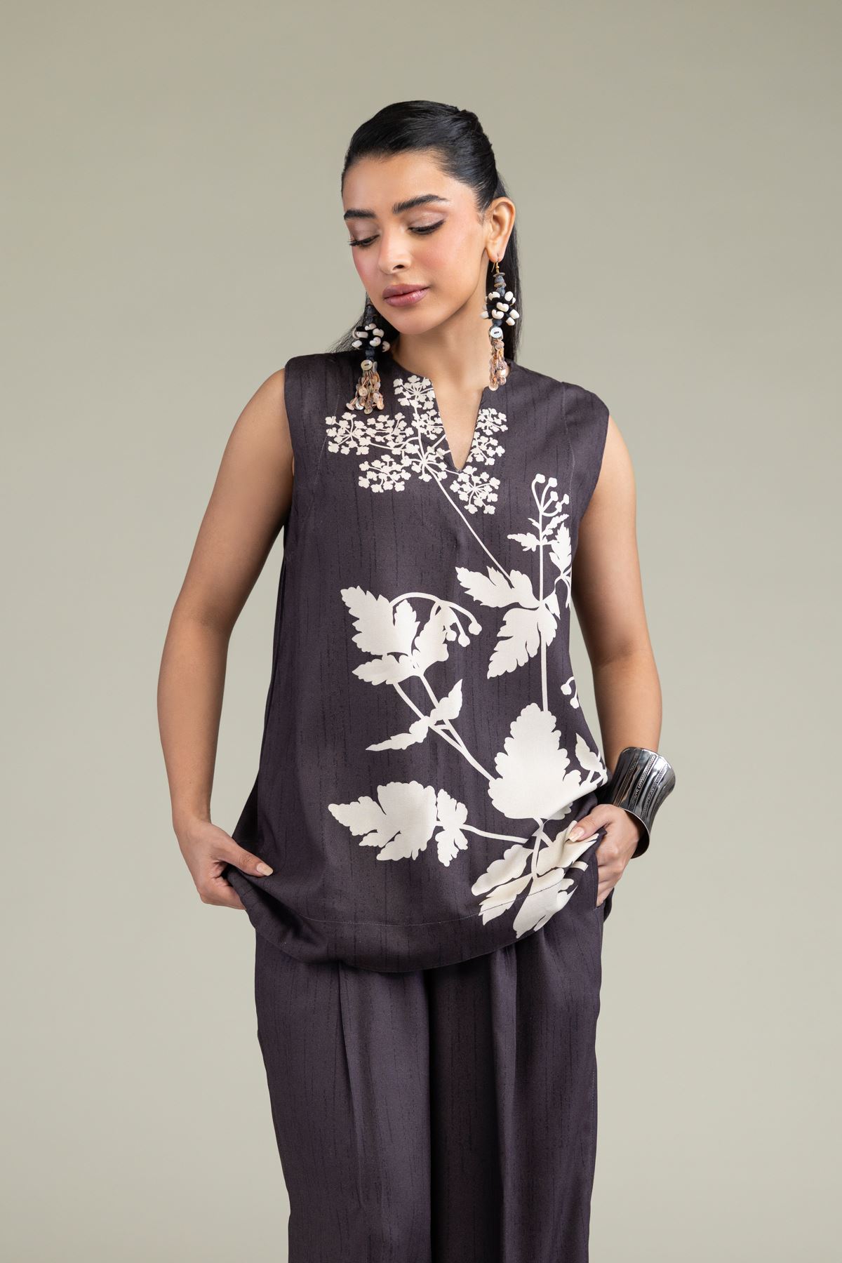 Printed Viscose Crepe Sleeveless Viscose Shirt - 6-26-206-B-B1-VG