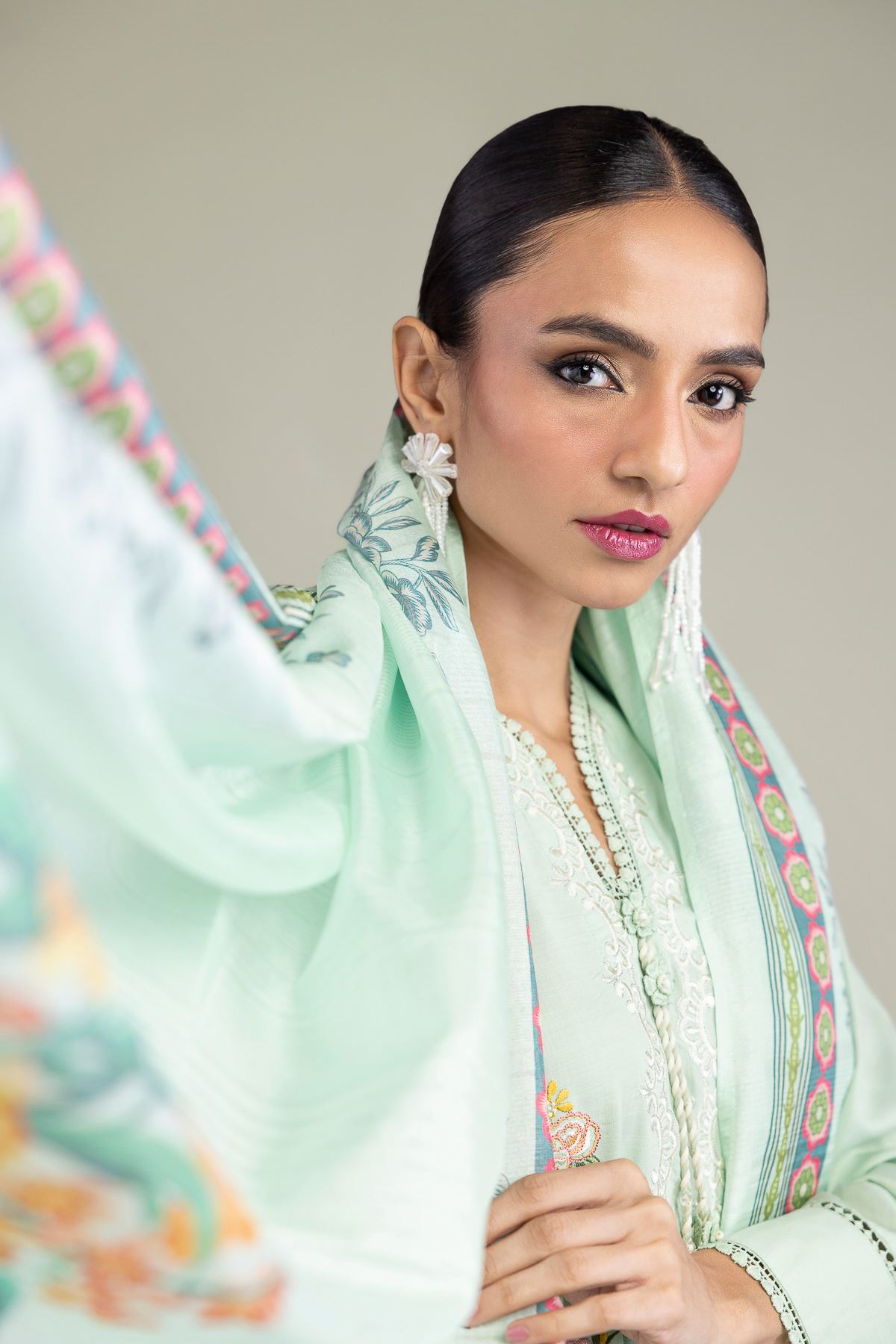 Embroidered Polyester Silk Mint Floral Dupatta - 2-26-209-A-D1-VG