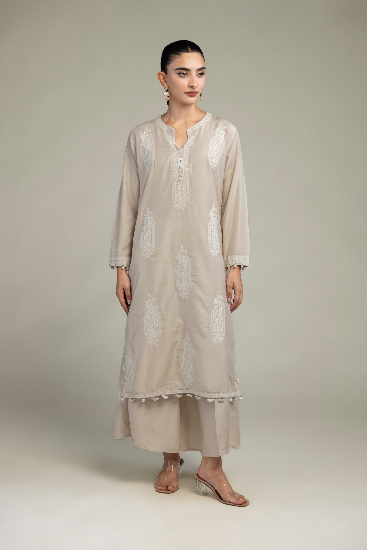 Embroidered Raw Silk Paisley Beige  Kurta - T-A33-26-204FB1-VG