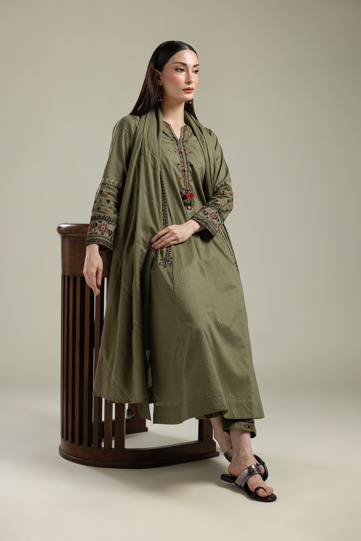 Embroidered Cotton Dobby Olive Floral Kurta - T-A112-26-106EC1-VG