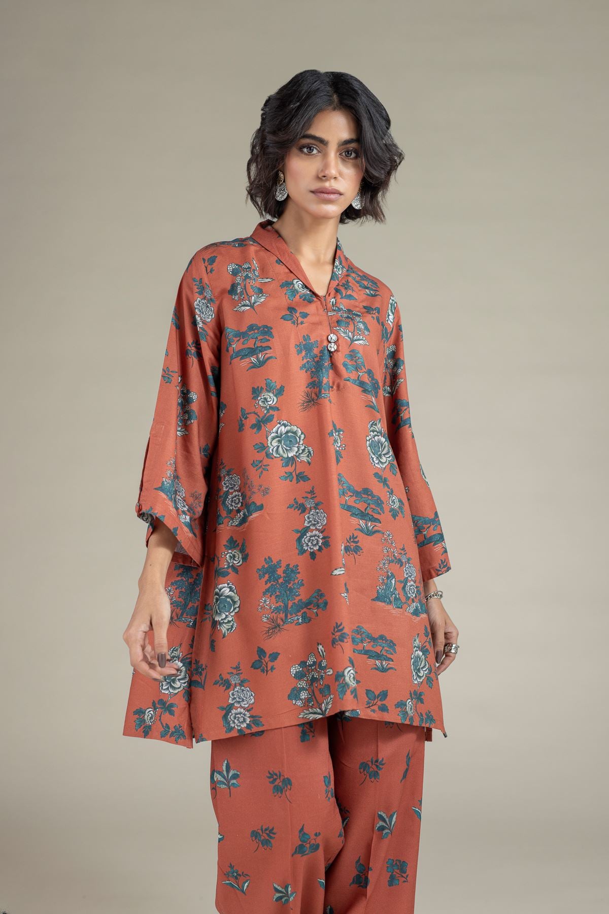 Printed Raw Silk Kurta - 25-10-11E9-07TB-VG