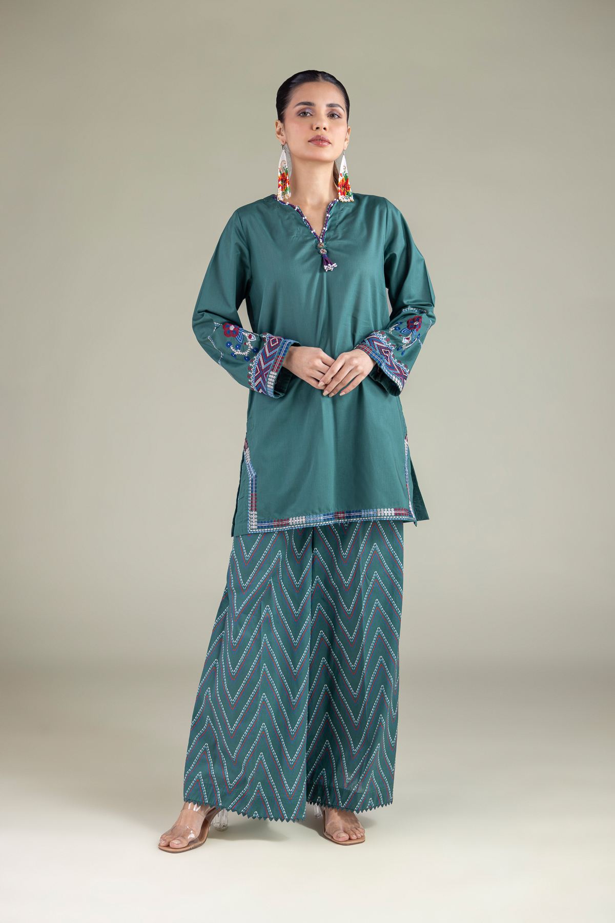 Embroidered Cambric Geometric V-Neck Kurta - 1-26-108-A-F-VG
