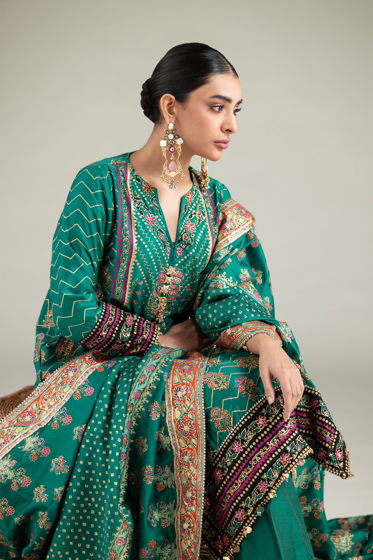 Printed Raw Silk 3 Piece Co-ord Set - 2-26-112-A-C-VG