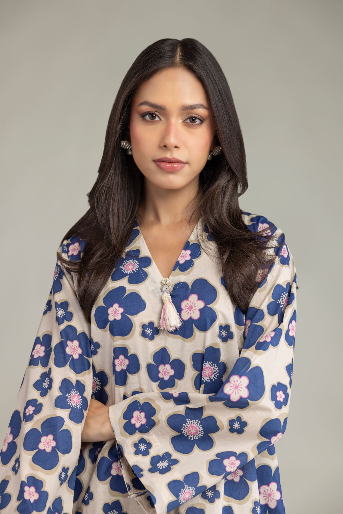 Printed Cambric Floral V-Neck Kurta - 5-26-105-F-A-VG