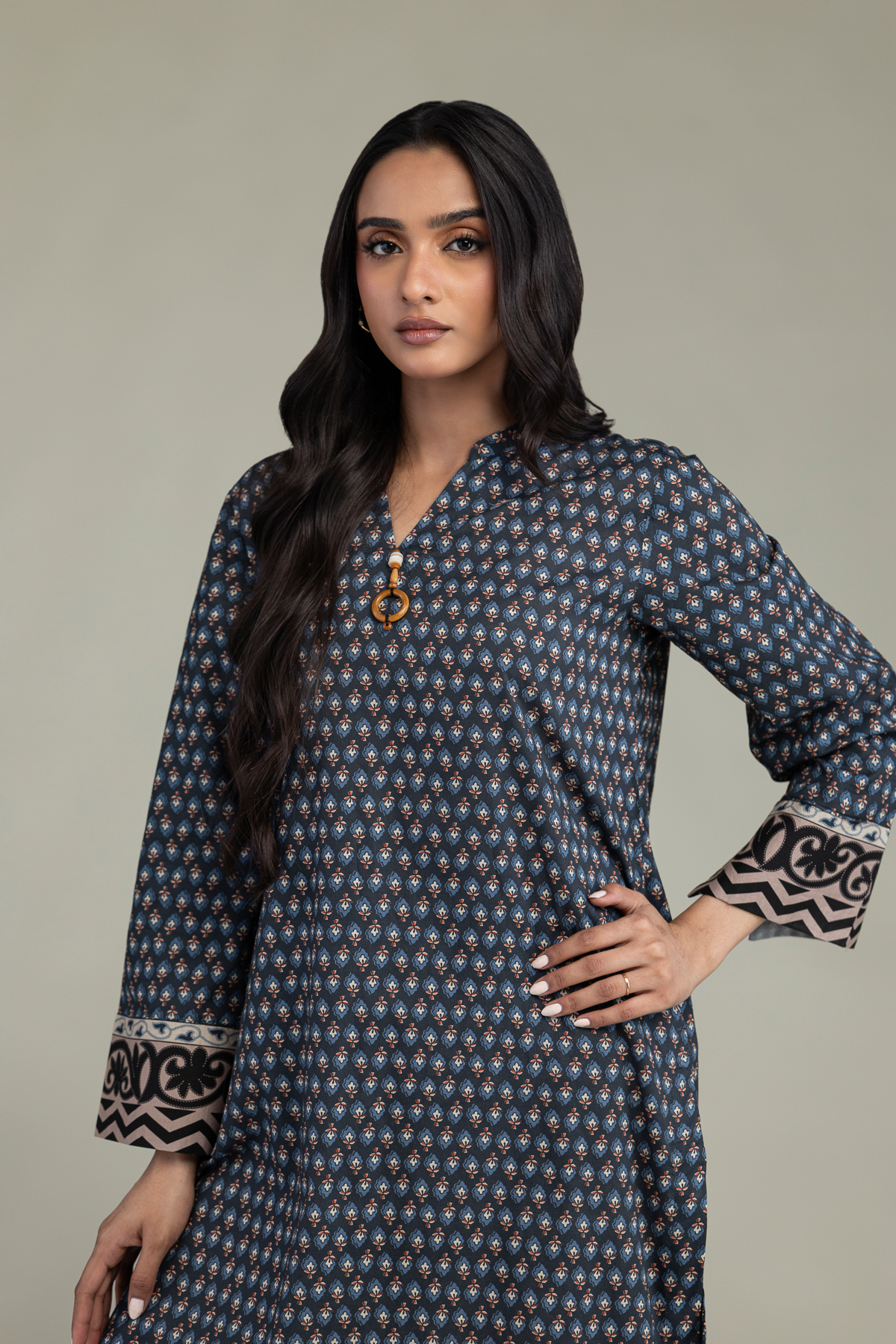 Printed Cambric V-Neck Cambric Kurta - 1-26-220-B-J3-VG
