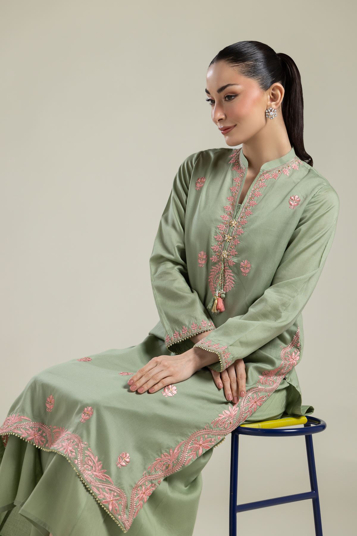 Embroidered Textured Weave Long Mint Kurta - 2-26-107-A-F-VG