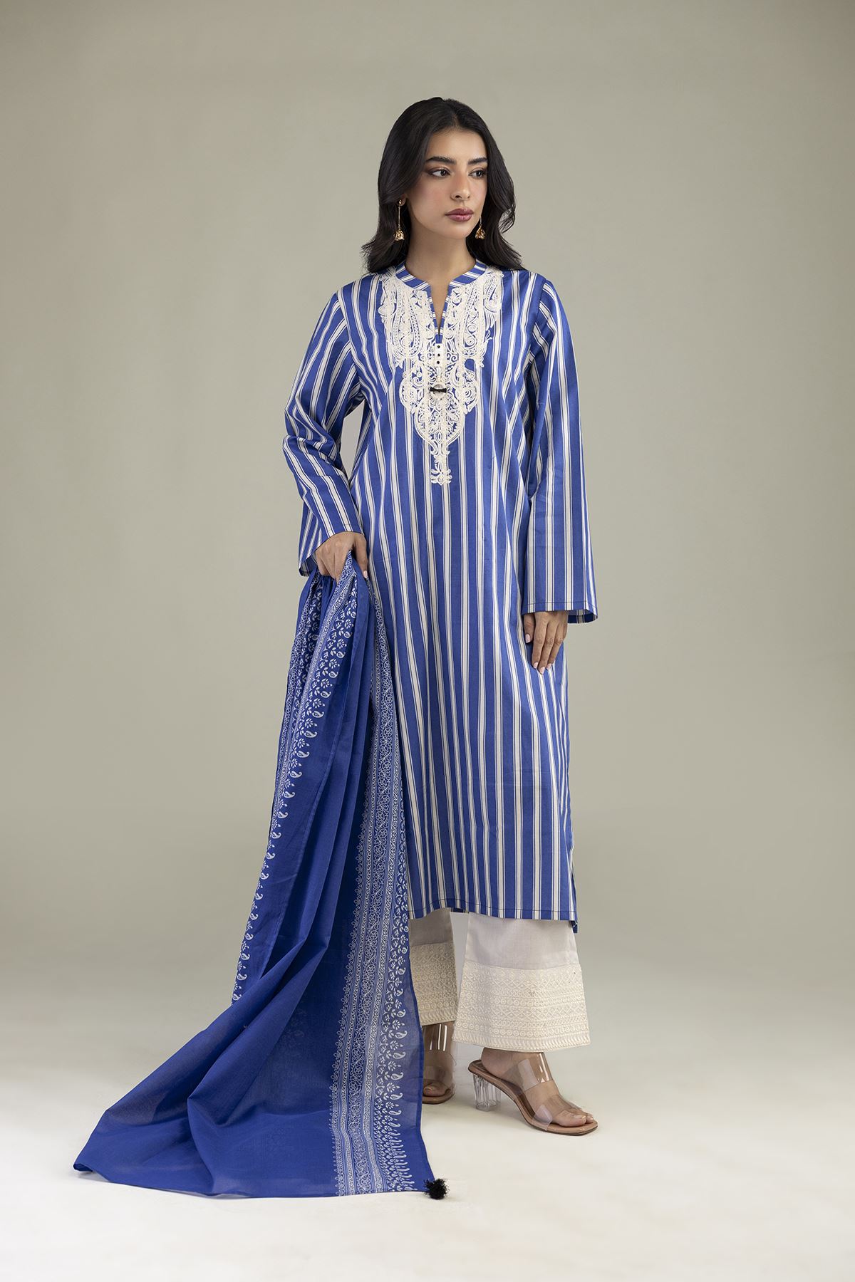 Embroidered Cambric Blue Tailored 3-Piece - 2-26-303-B-F1-VG