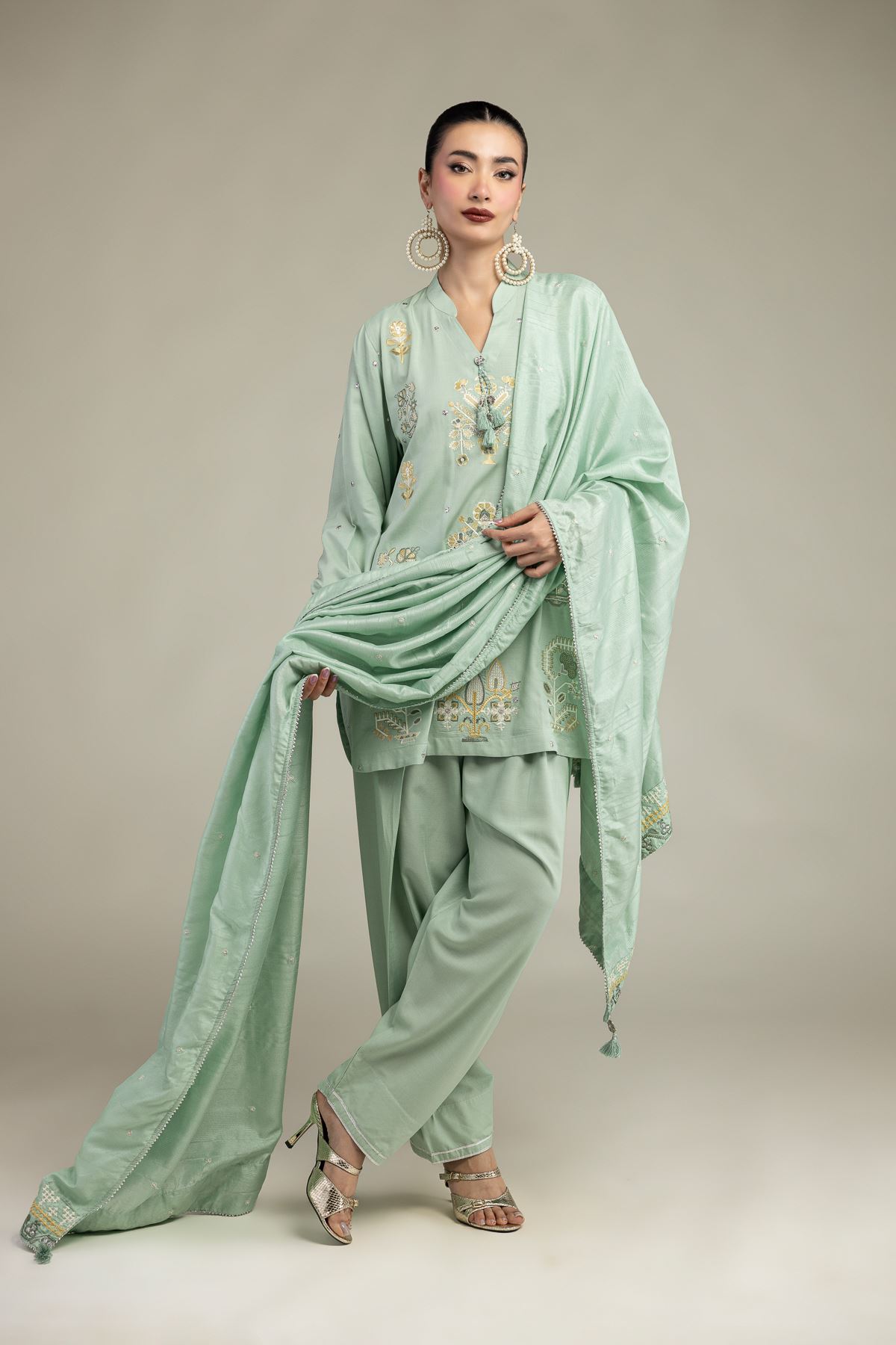 Embroidered Polyester Silk Floral Mint Dupatta - 2-26-207-A-C1-VG