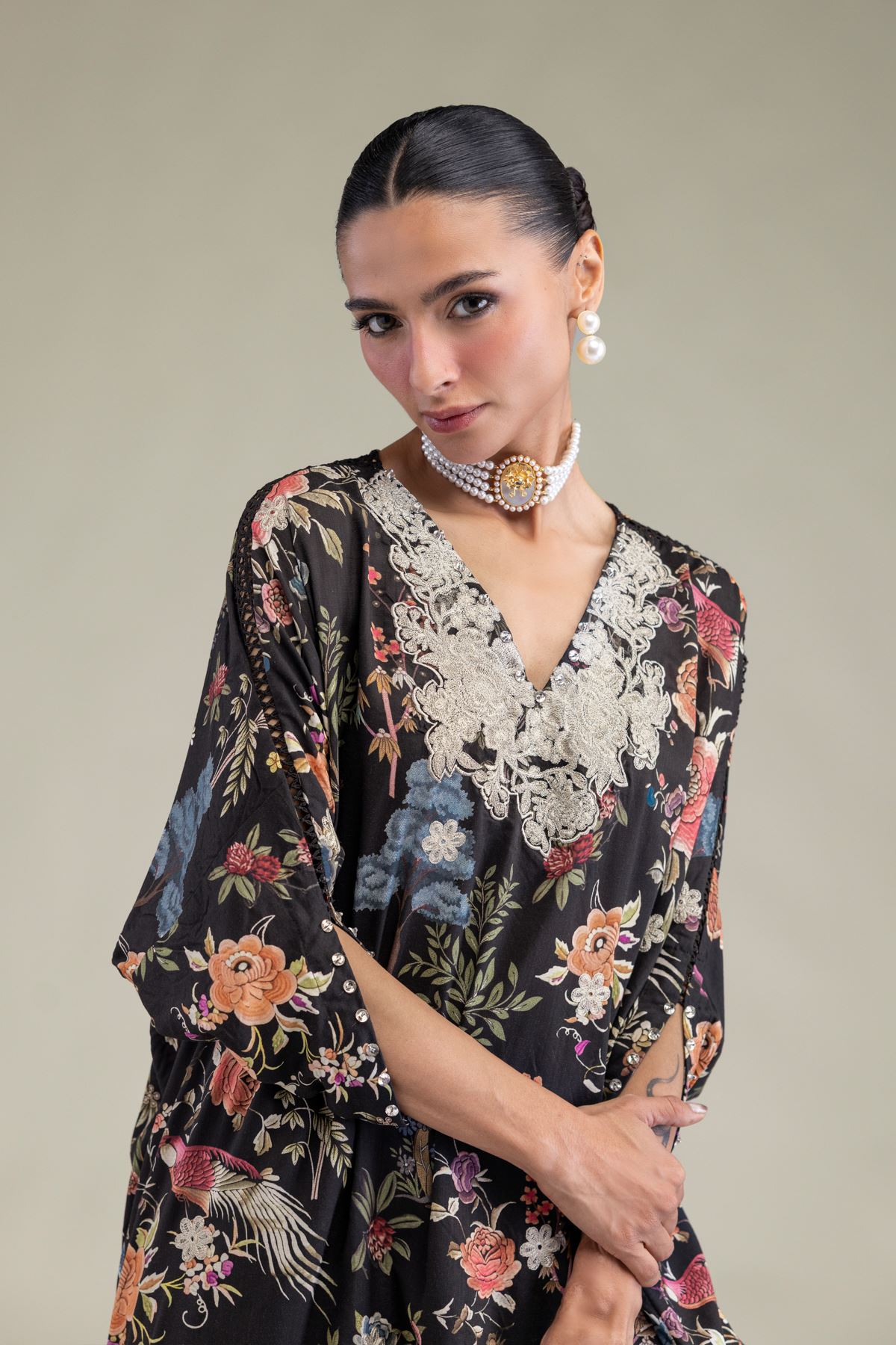 Embroidered Raw Silk Black V-Neck Kurta - 8-26-201-A-B1-VG