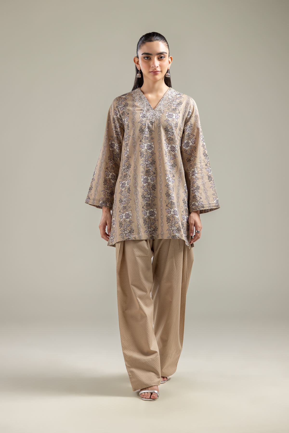 Embroidered Cotton Dobby Beige V-Neck Kurta - 1-26-142-A-B-VG
