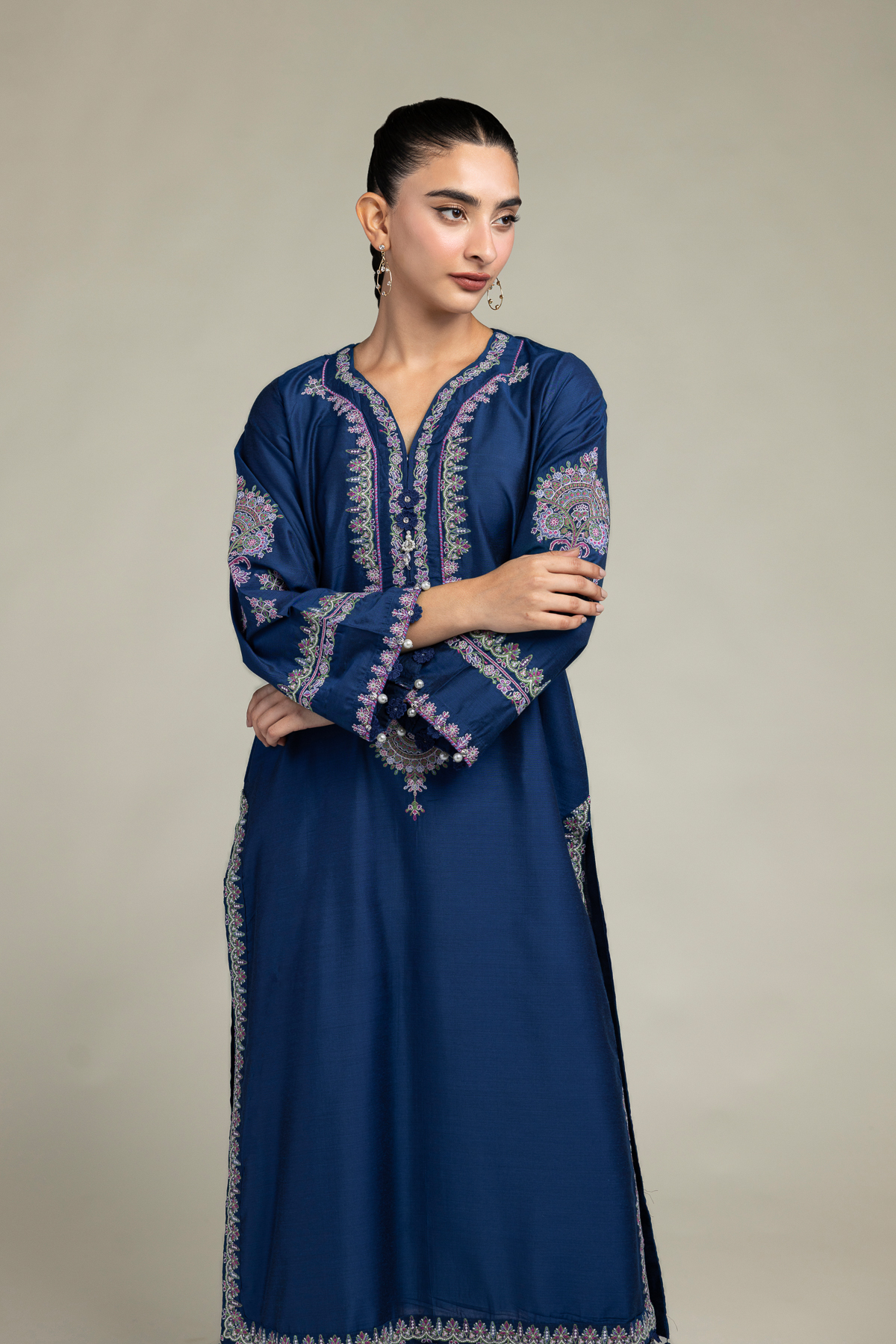 Embroidered Raw Silk Navy Longline Kurta - 1-26-249-A-J2-VG