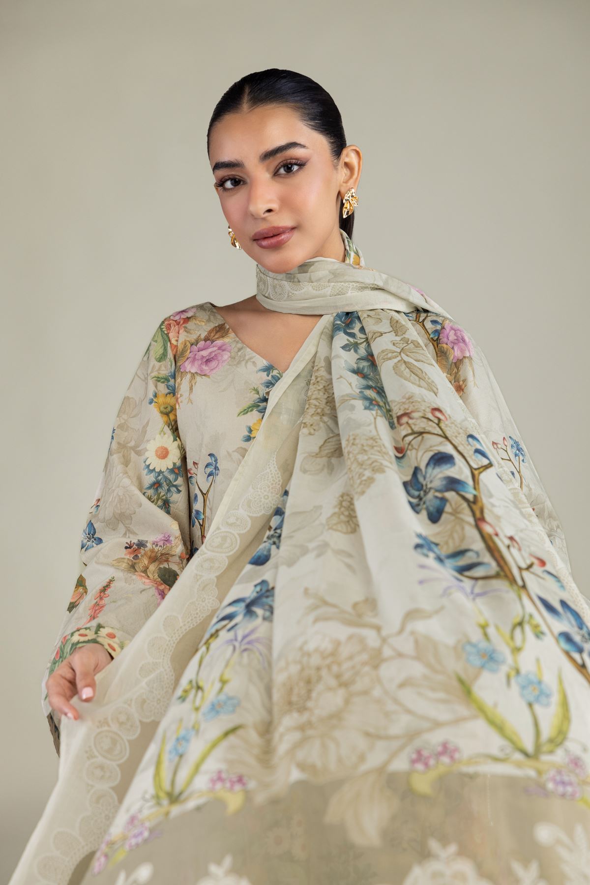 Printed Lawn Beige Lawn Dupatta - 1-26-102-A-F-VG