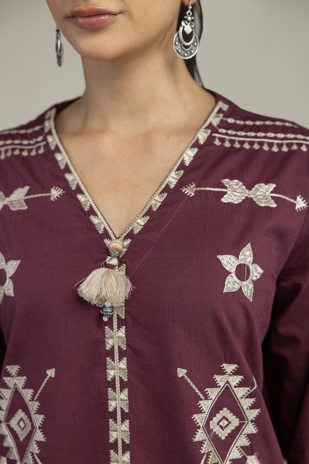 Embroidered Textured Cotton V-Neck Geometric Blouse - 6-26-204-A-D2-VG