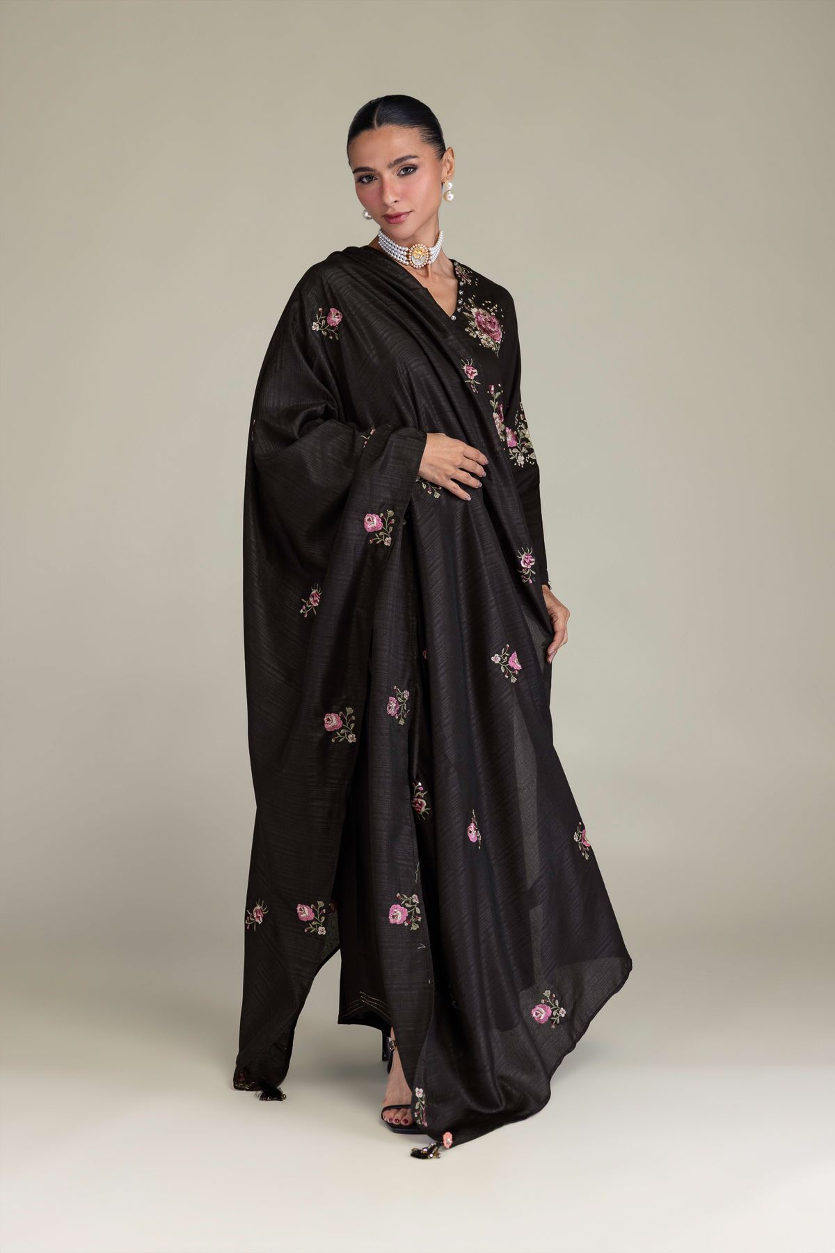 Embroidered Polyester Silk Black Floral Dupatta - 2-26-206-C-D1-VG