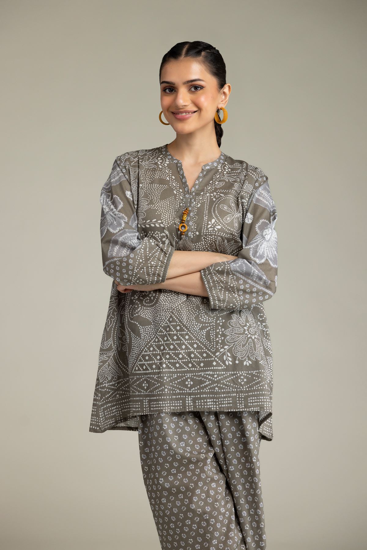 Printed Viscose Crepe Gray Viscose Blouse - 8-26-206-A-D1-VG