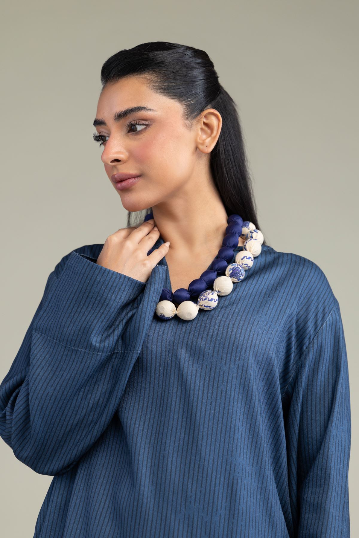Printed Viscose Crepe V-Neck Navy Shirt - 6-26-206-A-I2-VG