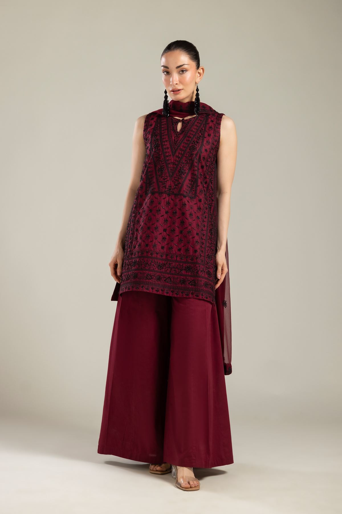 Embroidered Raw Silk 3 Piece Co-ord Set - T-A112-26-106EC1-VG