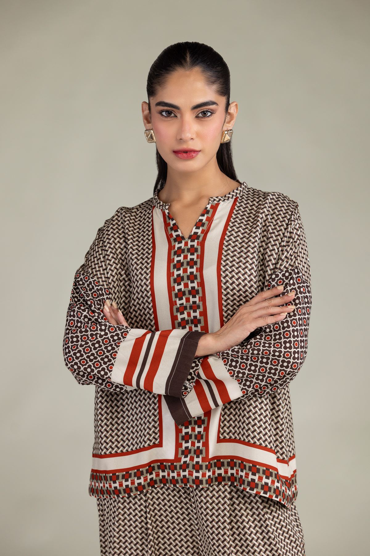 Embroidered Viscose Crepe Printed V-Neck Shirt - A22-26-201FC1-VG