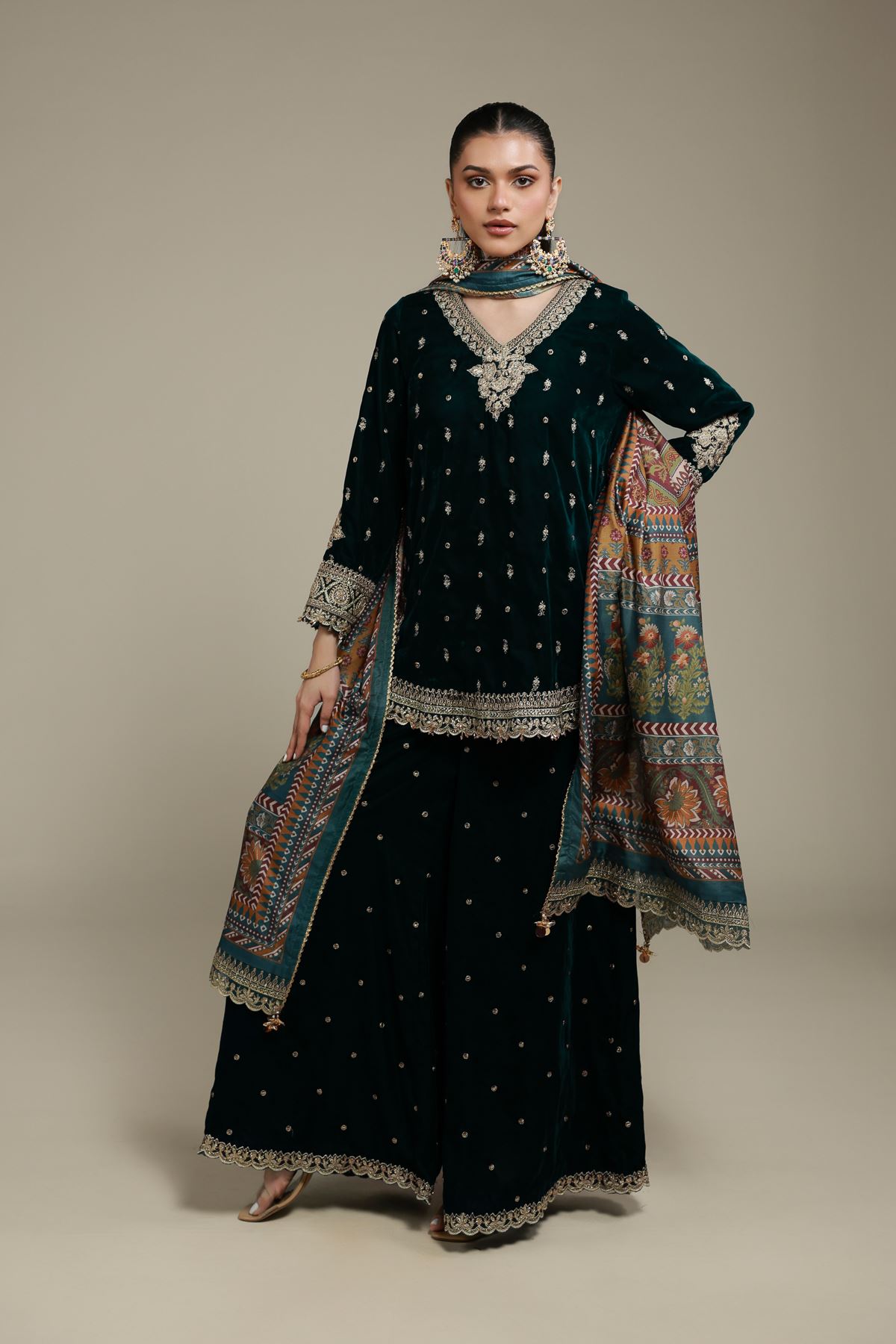 Embroidered Velvet 3 Piece Co-ord Set - 5-26-103-F-F-VG