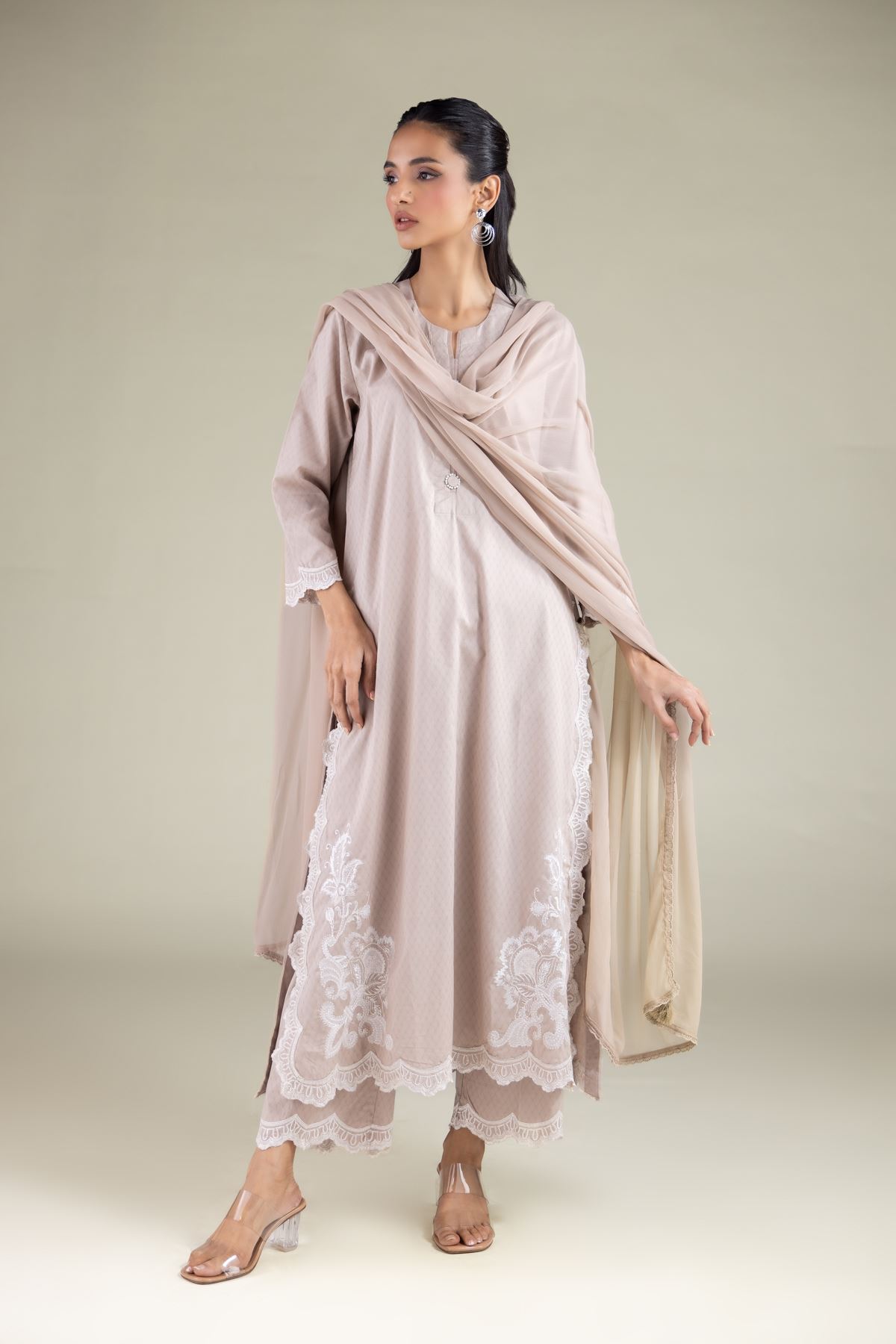 Embroidered Chiffon Draped Lace Dupatta - 1001915626