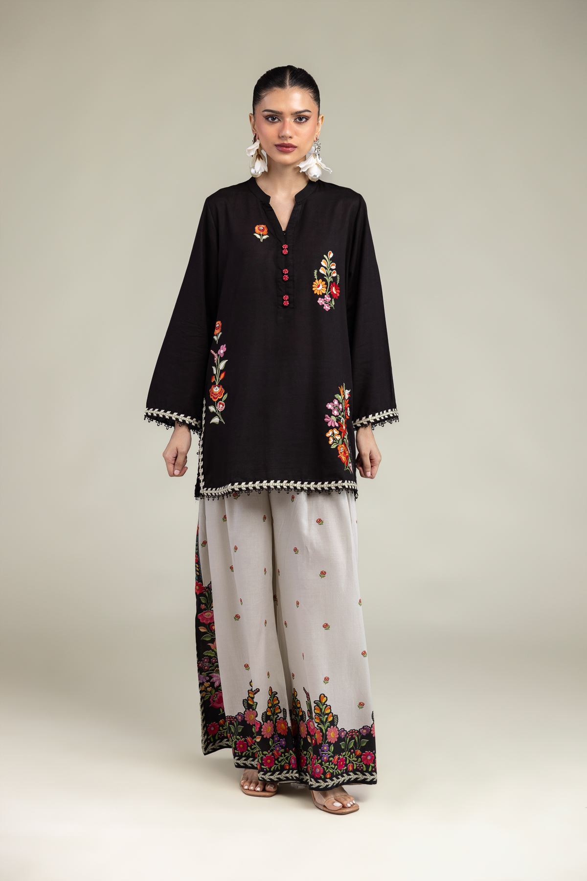 Embroidered Raw Silk Black Floral Kurta - 1-26-203-A-C1-VG
