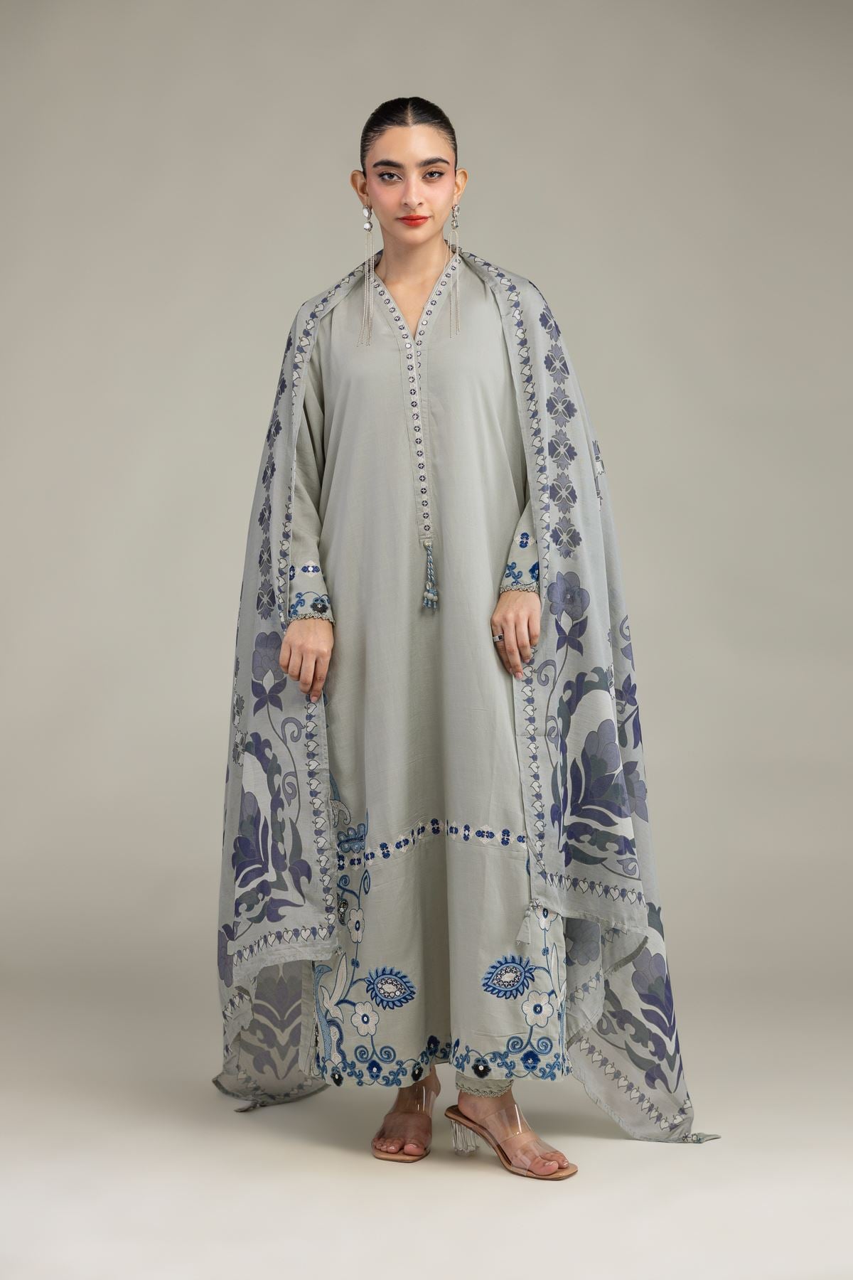 Embroidered Raw Silk Floral V-Neck Kurta - 1-26-203-B-H1-VG