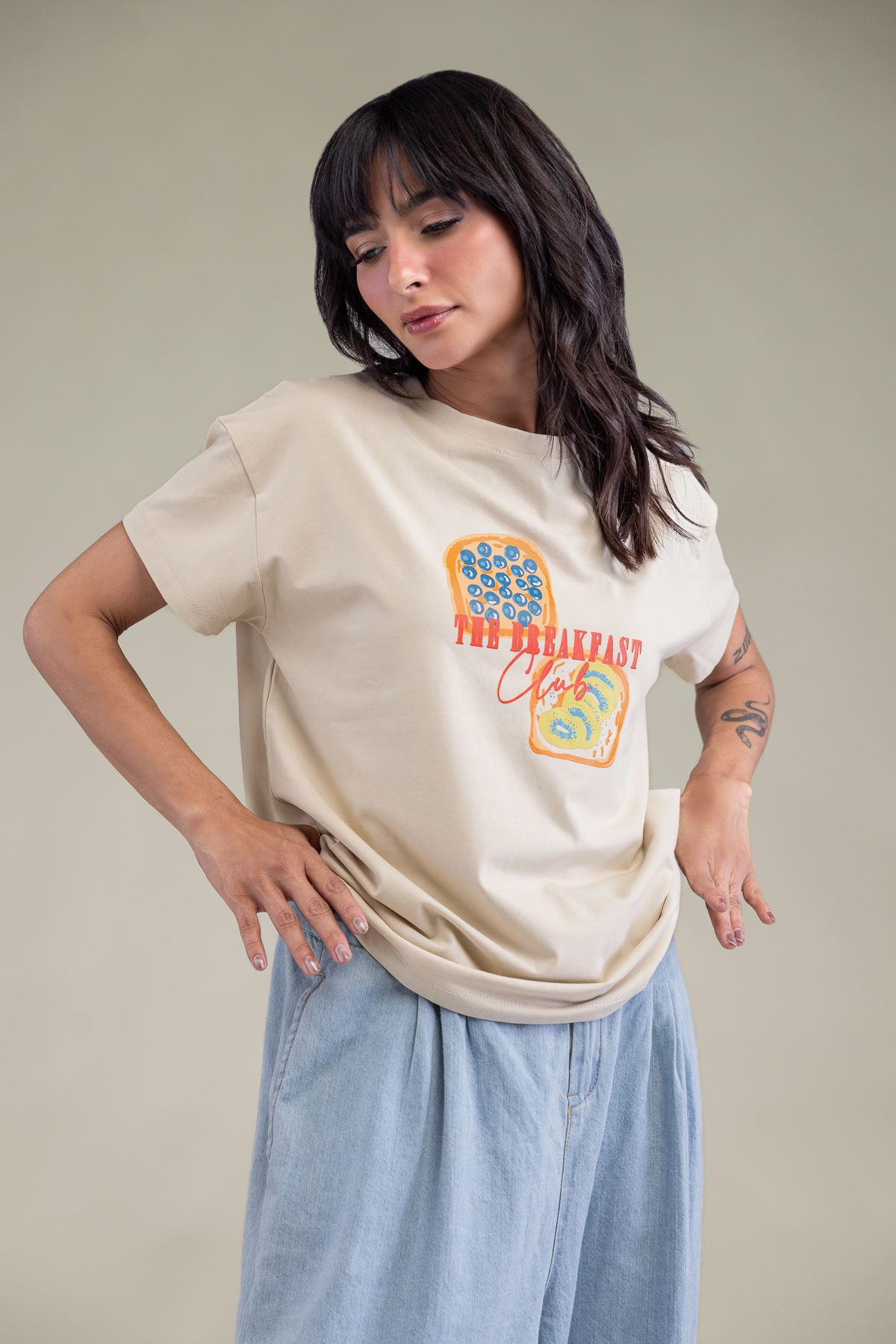 Embroidered Lycra Jersey Short Beige T-Shirt - 3-26-204-A-F1-VG