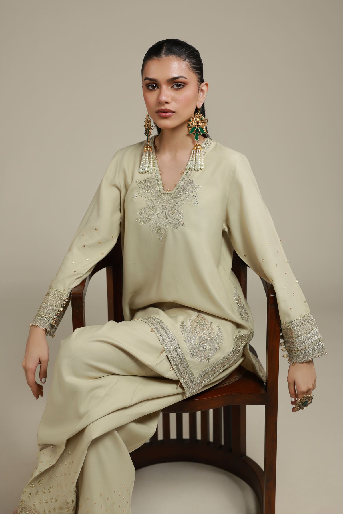 Embroidered Raw Silk 2 Piece Co-ord Set | Top and Bottom - A33-26-106FC-VG