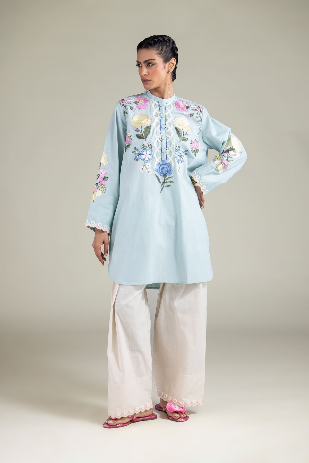 Embroidered Textured Cotton Floral Band Collar Kurta - 1-26-103-A-A-VG
