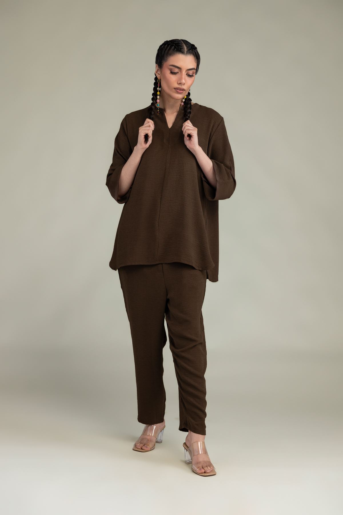 Dyed Crepe Georgette Brown Solid Trousers - 14-26-303-B-E1-VG