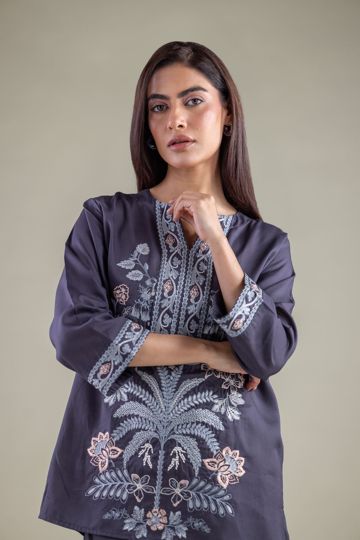 Embroidered Textured Weave Tunic - 6-26-102-A-A-VG