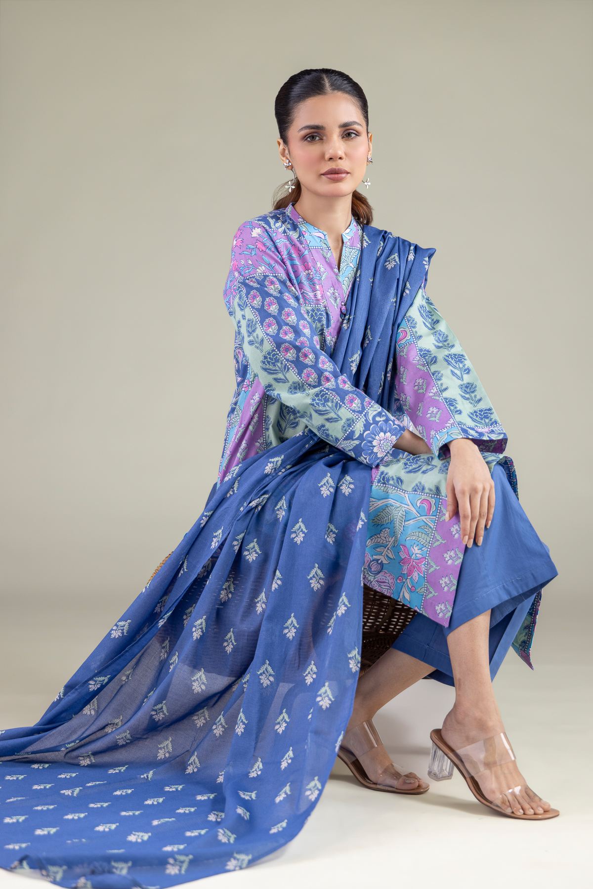 Printed Cambric Floral Longline Kurta - 1-26-127-A-G-VG