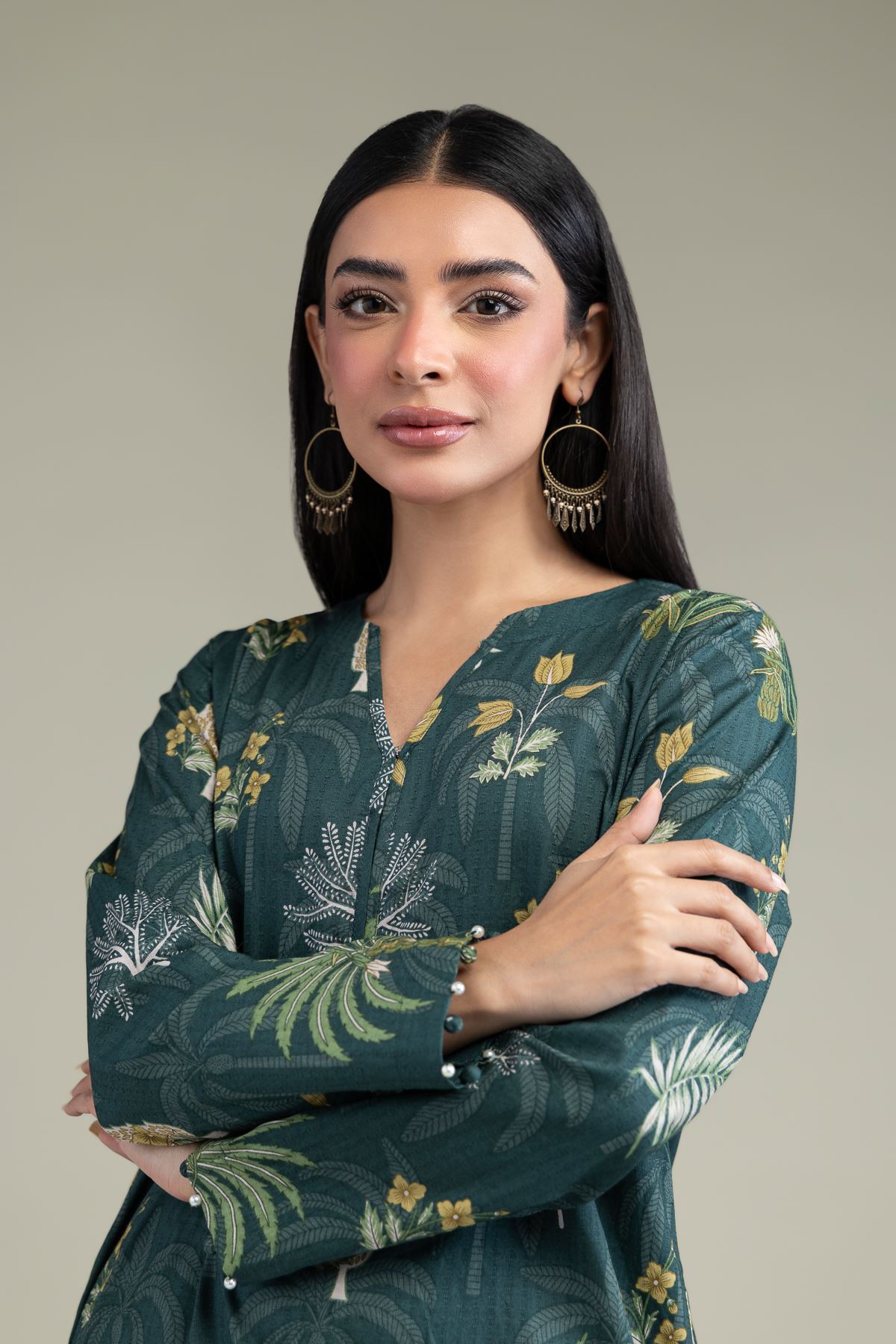 Printed Cotton Dobby Floral V-Neck Kurta - 1-26-211-A-F1-VG