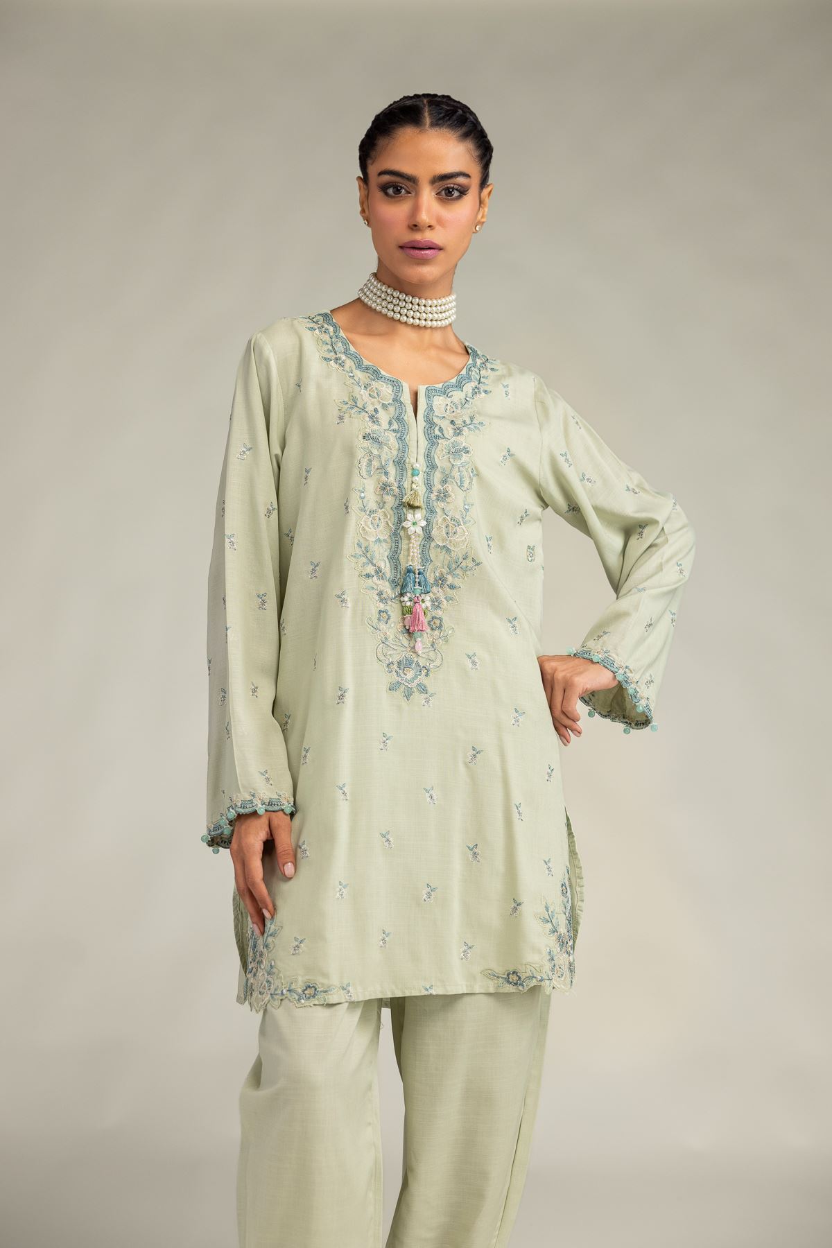 Embroidered Raw Silk Floral Mint Kurta - 2-26-306-A-D1-VG
