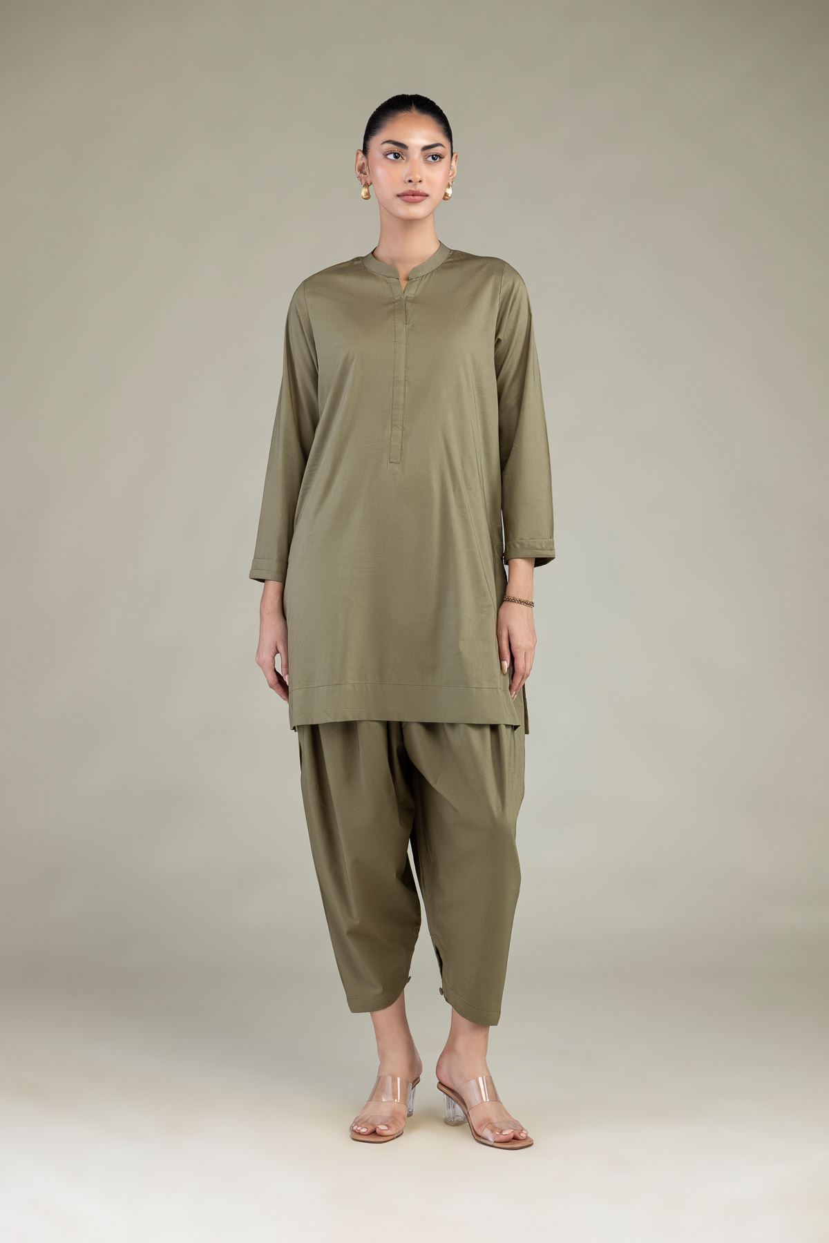 Dyed Cotton Viscose Solid Olive Shalwar - 2-26-301-B-F1-VG