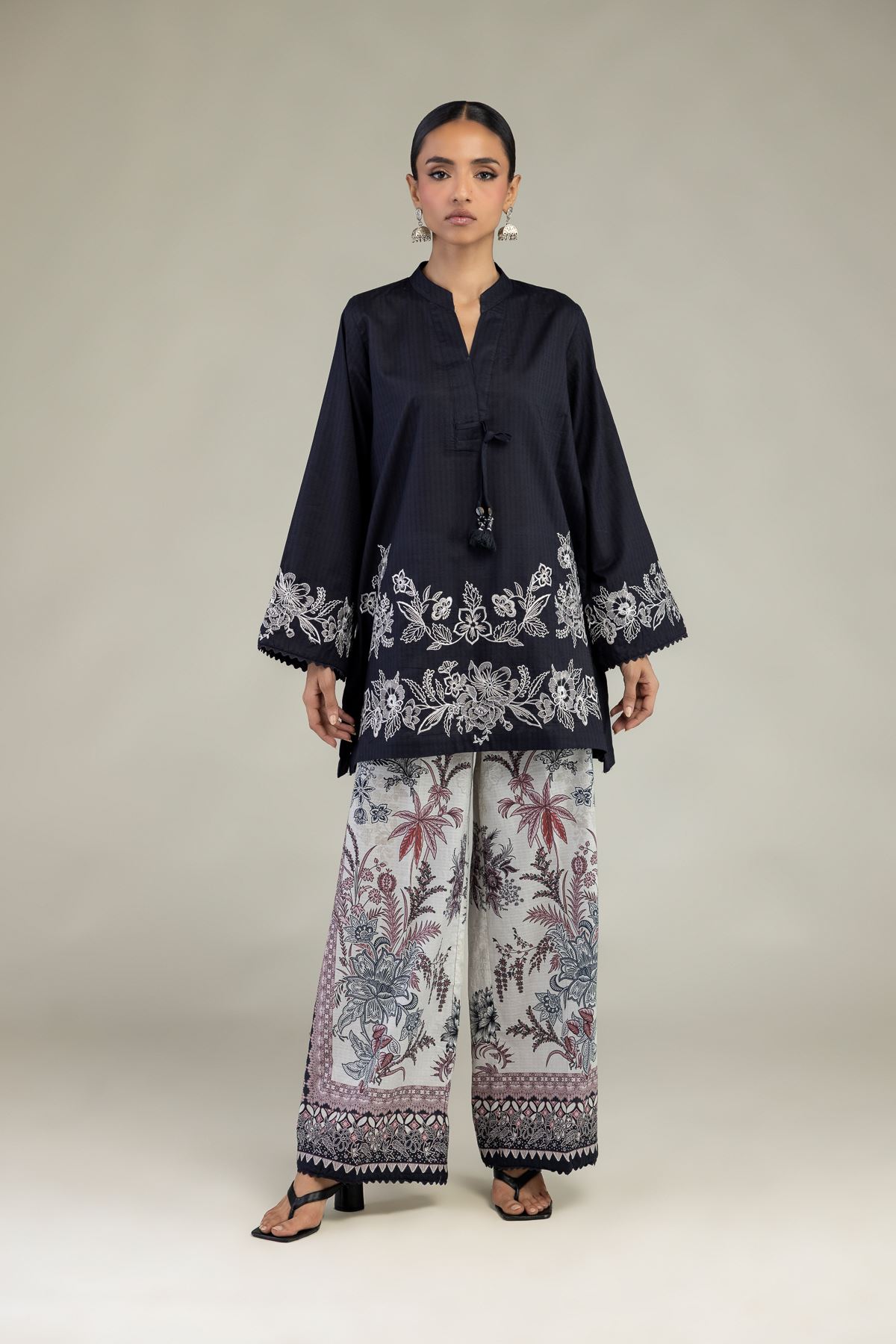 Embroidered Cotton Dobby Floral Cotton Pants - 1-26-241-A-D2-VG