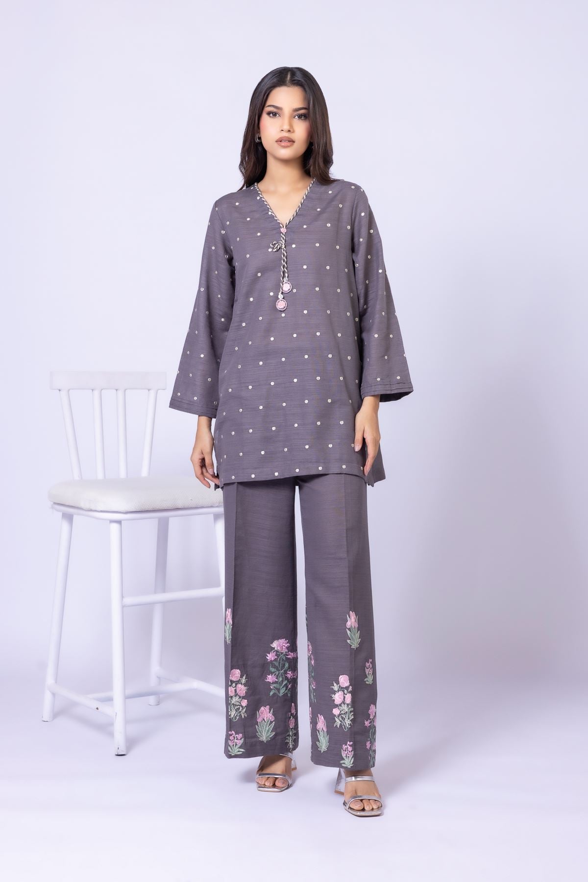 Embroidered Textured Cotton Kurta - 25-09-10E4-10TB-VG