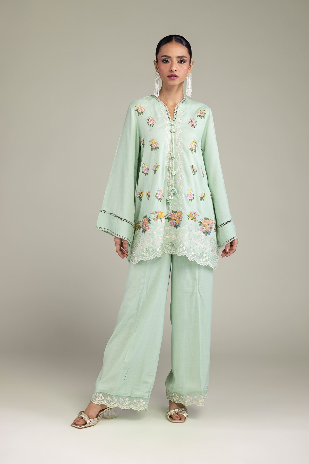 Embroidered Raw Silk Mint Silk Kurta - T-A11-26-114FF1-VG
