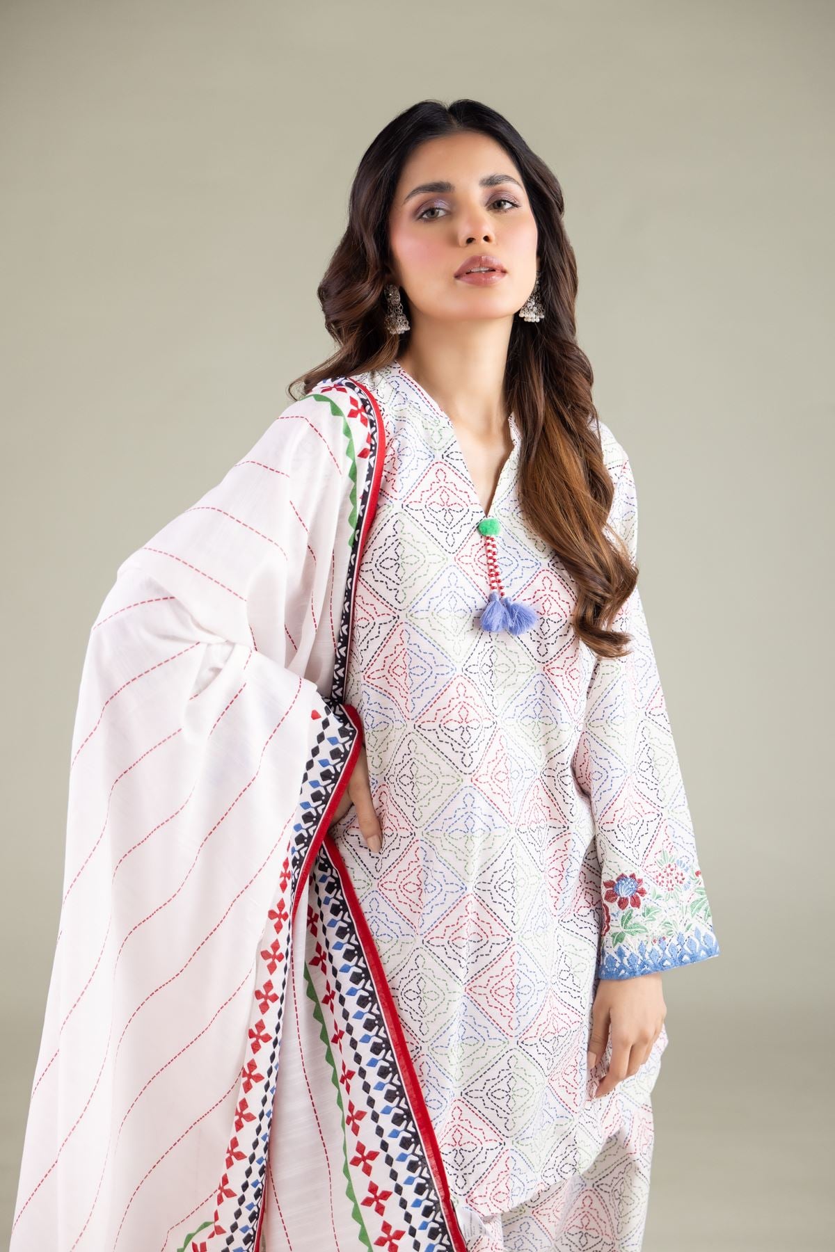 Embroidered Textured Cotton Tassel Dupatta - 1-26-115-C-A-VG