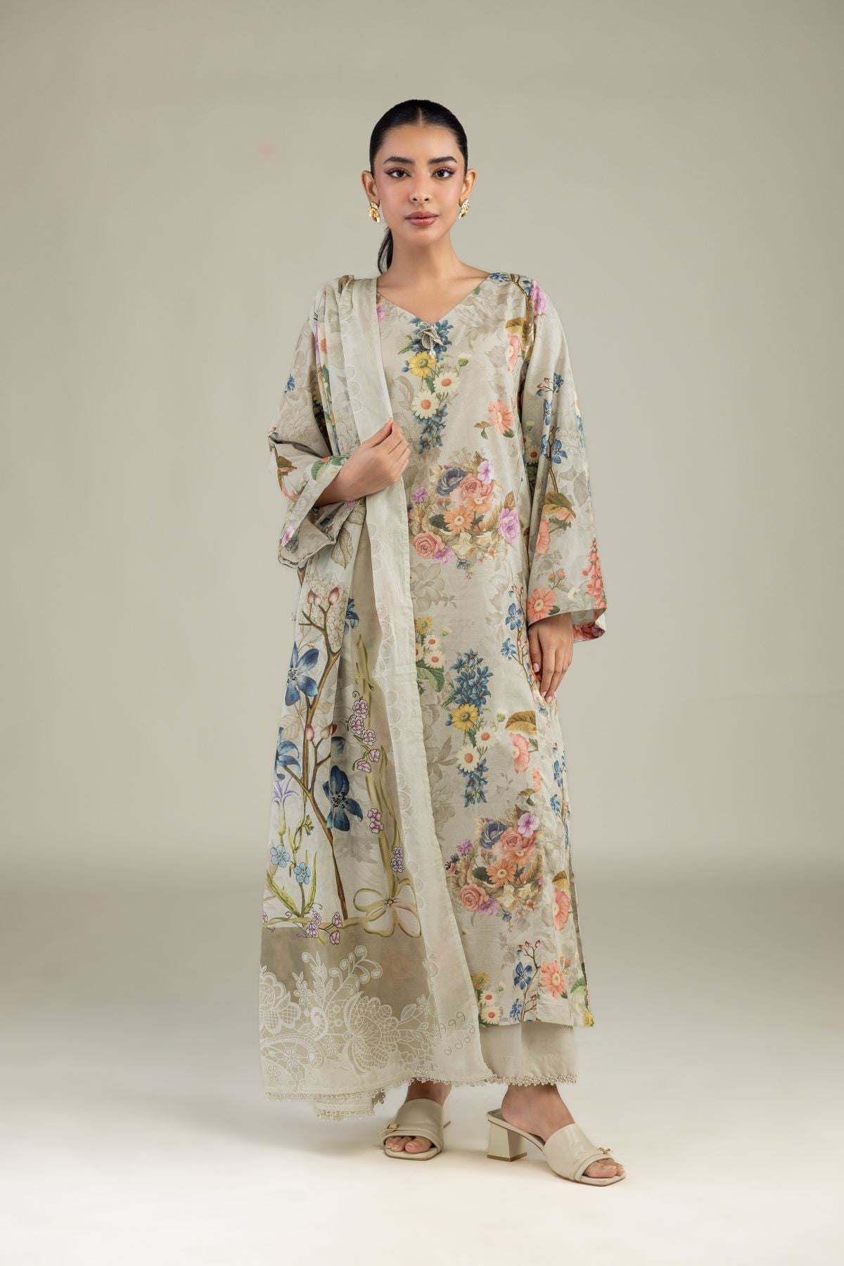 Printed Cotton Dobby Long Floral Kurta - 1-26-229-B-F1-VG