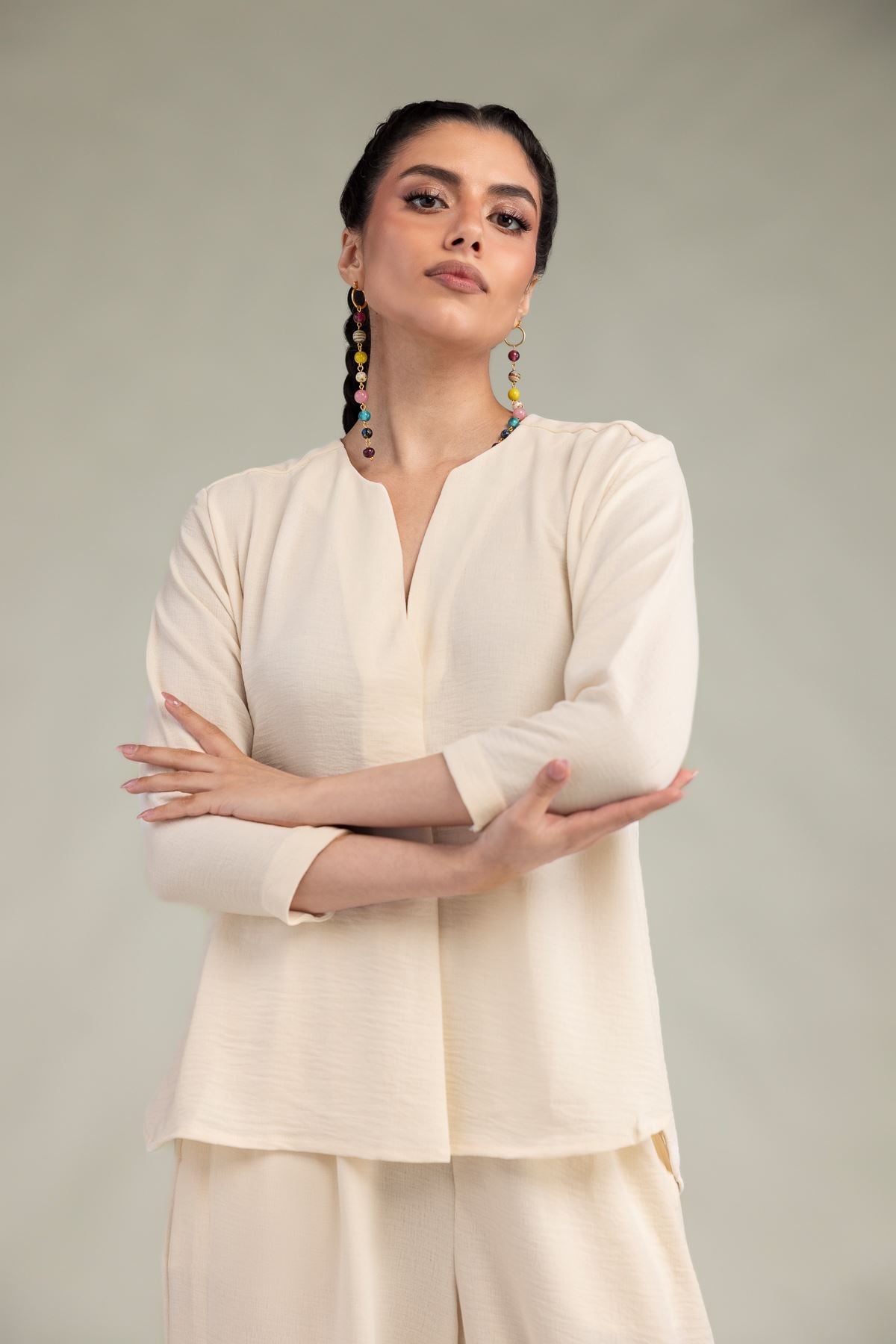 Dyed Crepe Georgette Solid V-Neck Shirt - 6-26-207-B-E1-VG