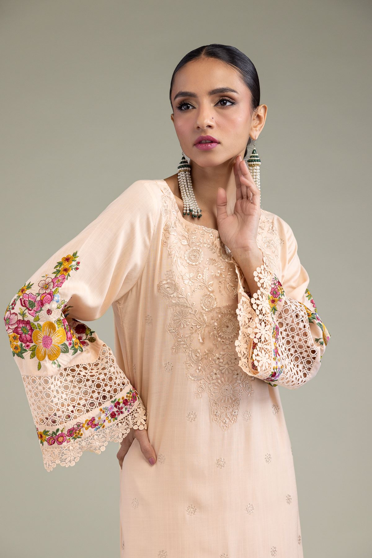 Embroidered Raw Silk Floral Silk Kurta - 8-26-204-A-D1-VG