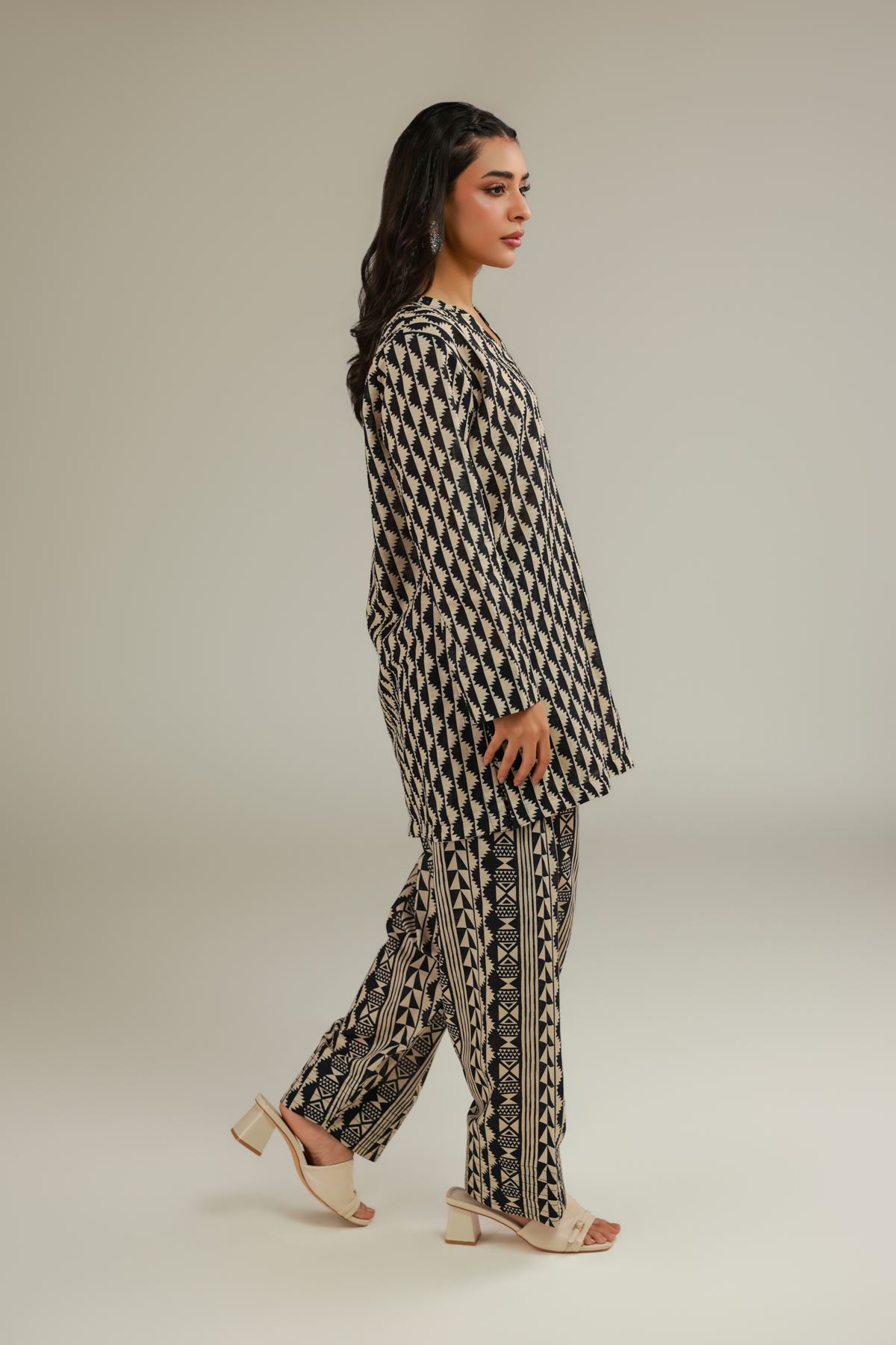 Printed Textured Cotton Relaxed Geometric Pants - 25-07-7E4-08TB-VG