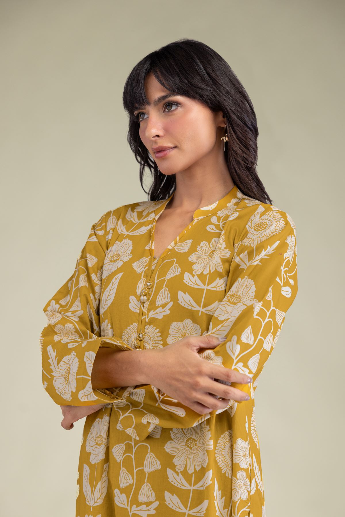 Printed Cambric Floral Band-Collar Kurta - 2-26-212-A-H1-VG
